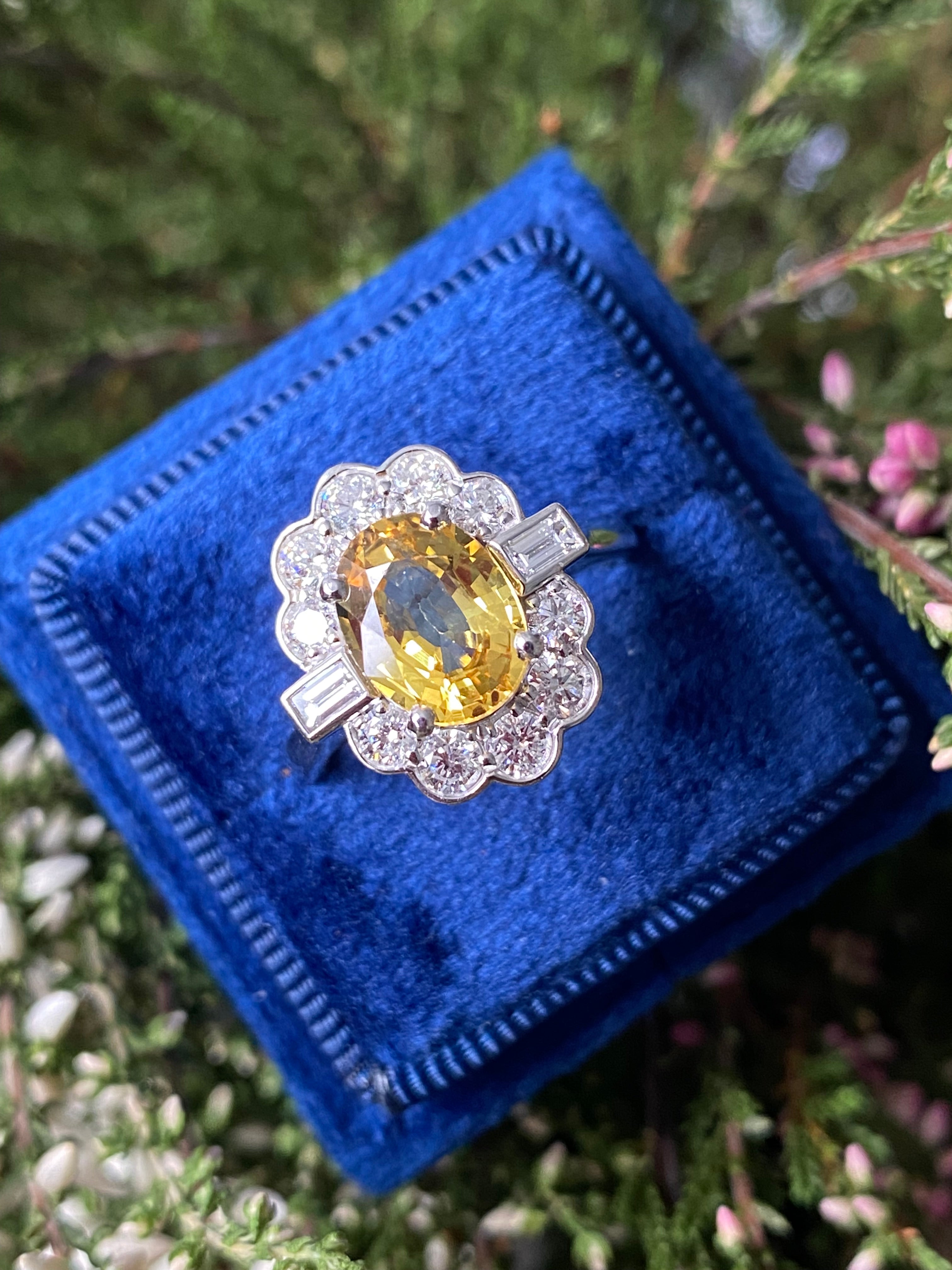 2.45 Carat Yellow Sapphire and Natural Diamond Halo Ring in Platinum