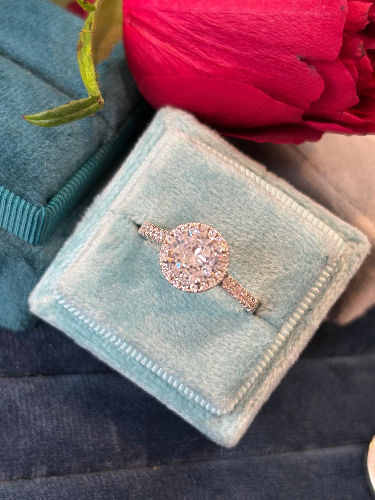 Round Cut Moissanite Halo Engagement and Wedding / Eternity Ring Set in Sterling Silver