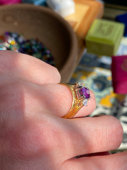 2.16 Carat Purple Sapphire and 0.38ctw Natural Diamond Three Stone Ring in Platinum and 18ct Gold