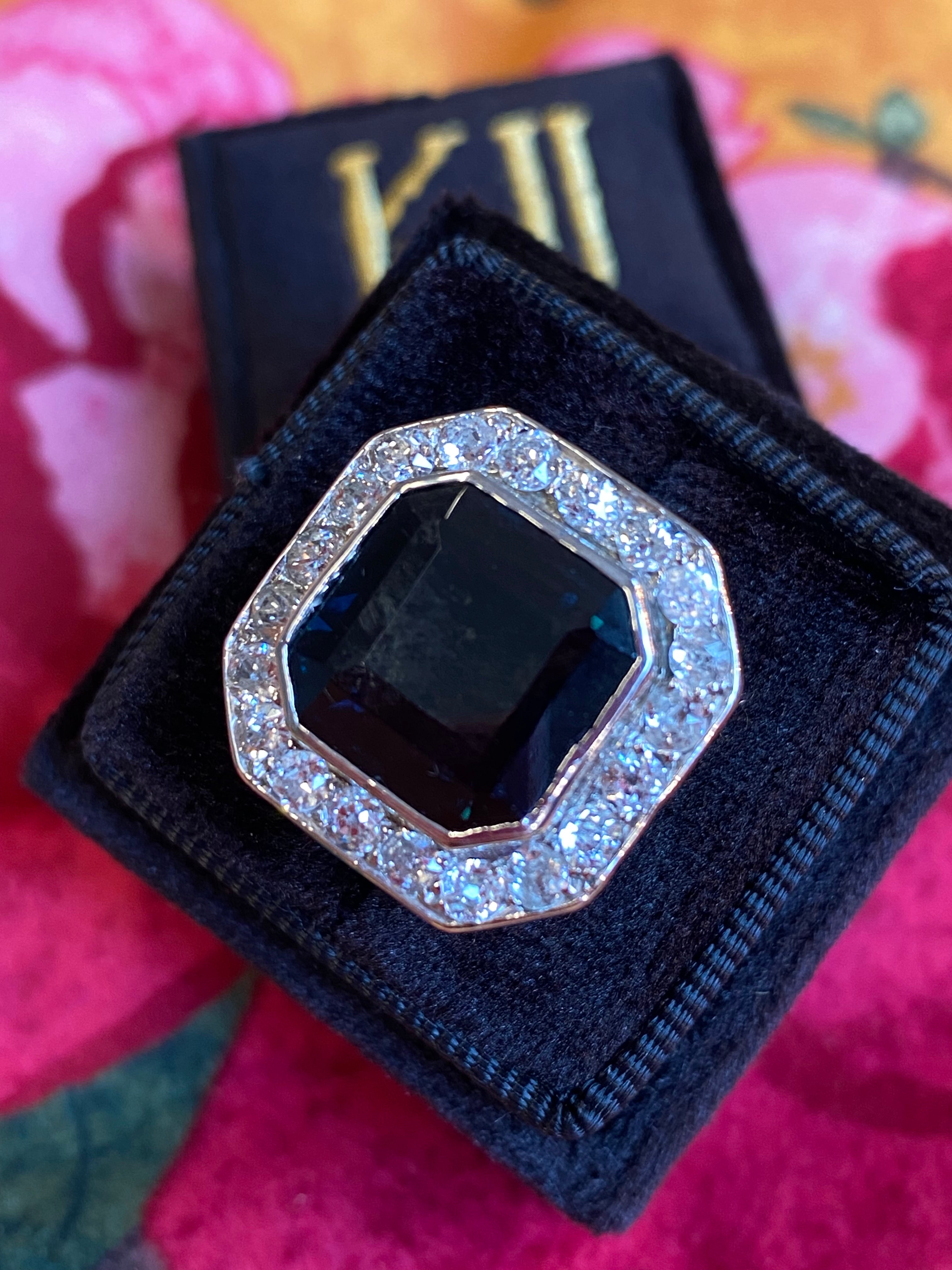 9.50 CTW Midnight Blue Sapphire and Natural Diamond Antique Art Deco Engagement Ring in Platinum