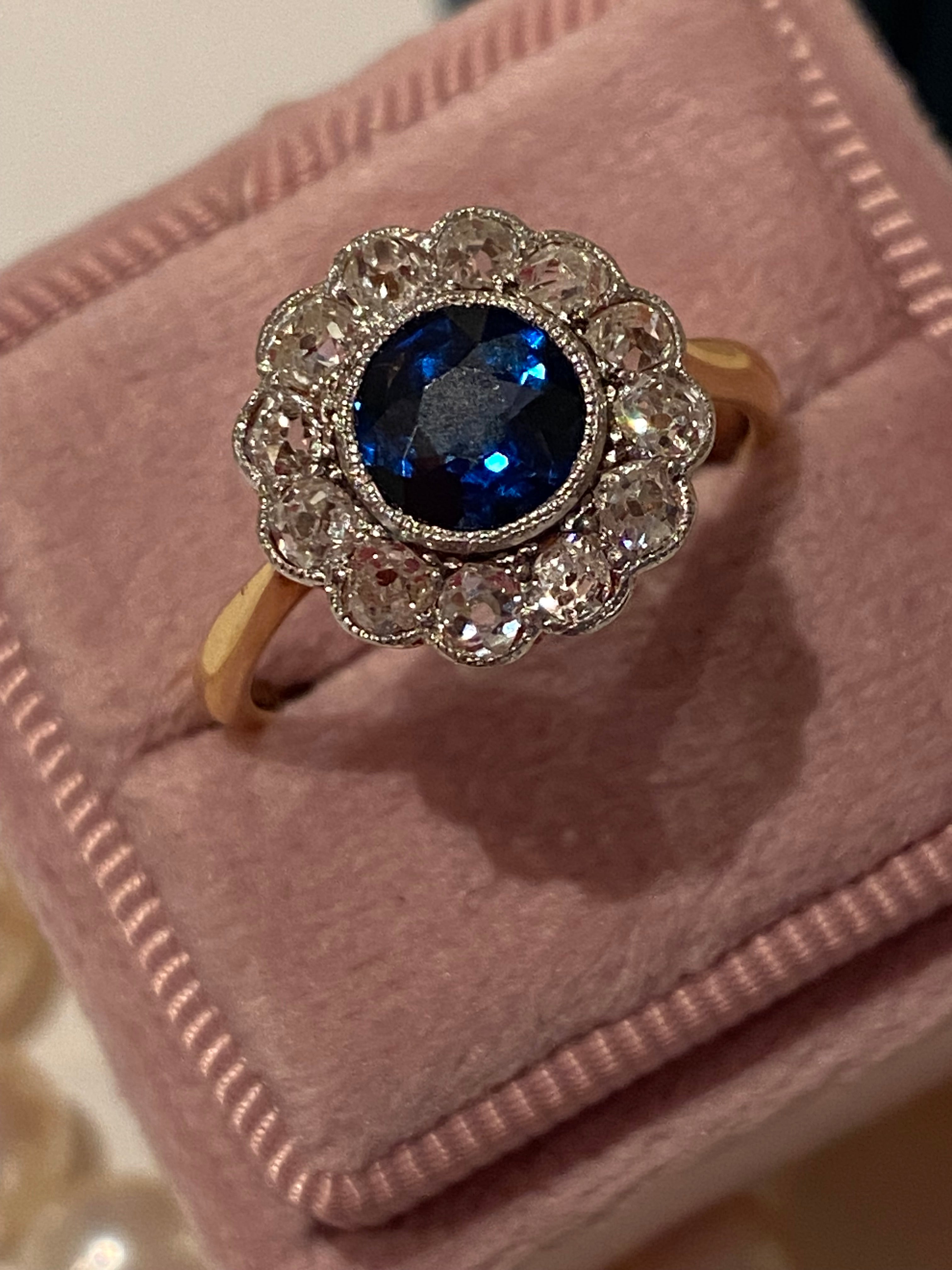2.25 CTW Antique Edwardian Old Cut Sapphire and Diamond Daisy Ring in 18ct Gold and Platinum