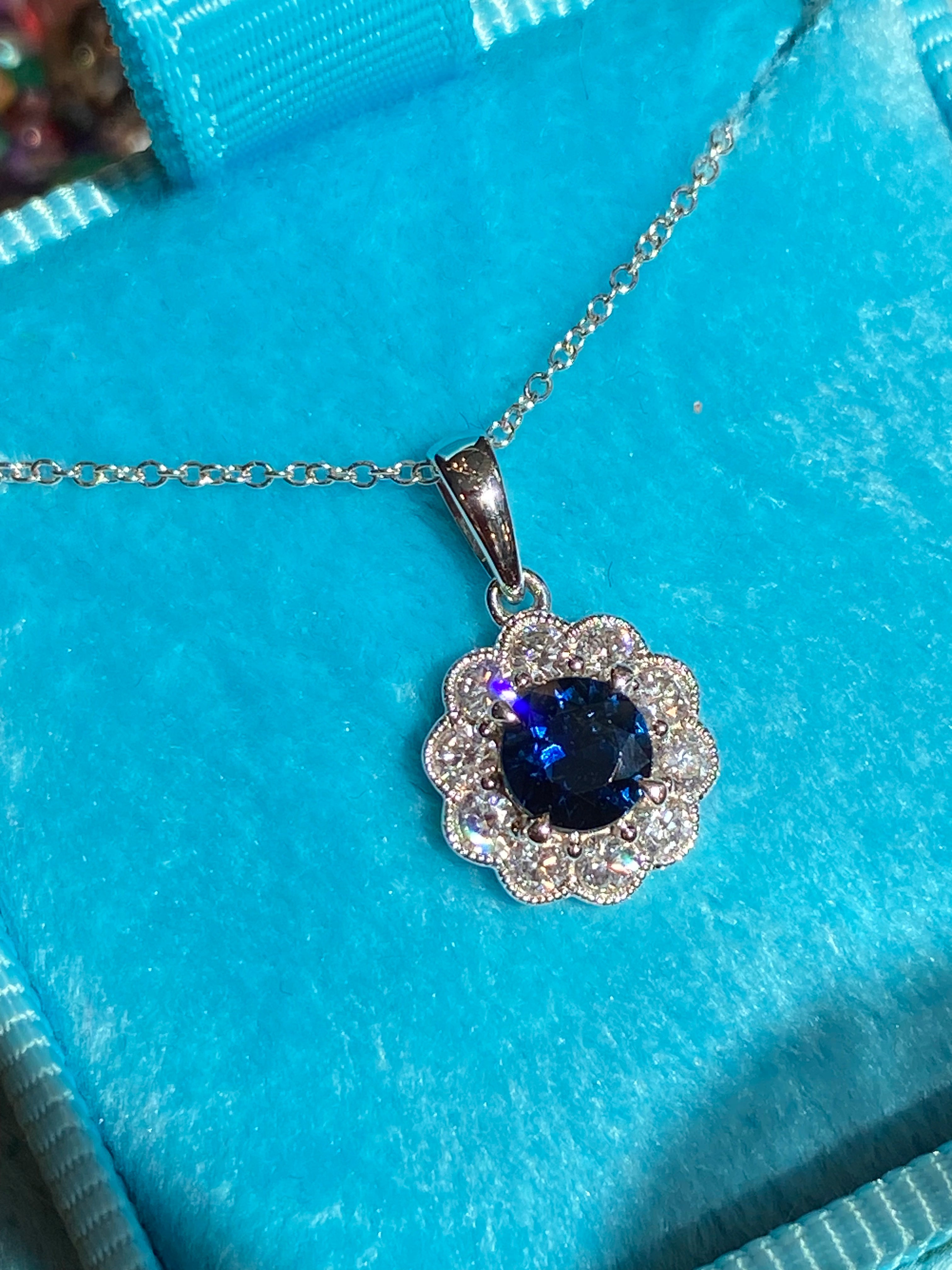 0.86 CTW Sapphire and Natural Diamond Pendant Necklace in 18ct White Gold