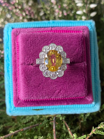 2.45 Carat Yellow Sapphire and Natural Diamond Halo Ring in Platinum