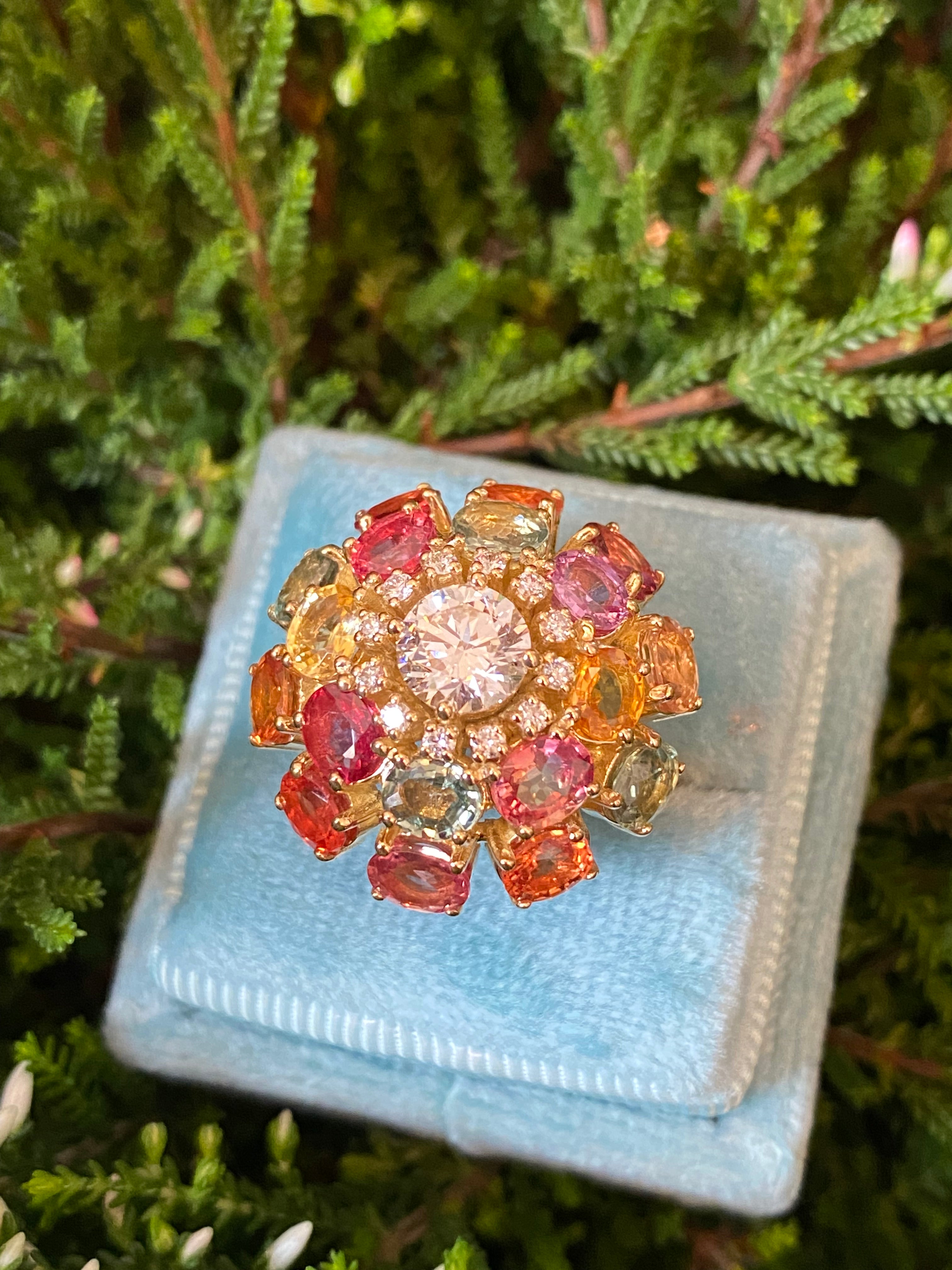 8.08 CTW Natural Diamond and Sapphire Bombe Cluster Ring in 18ct Yellow Gold