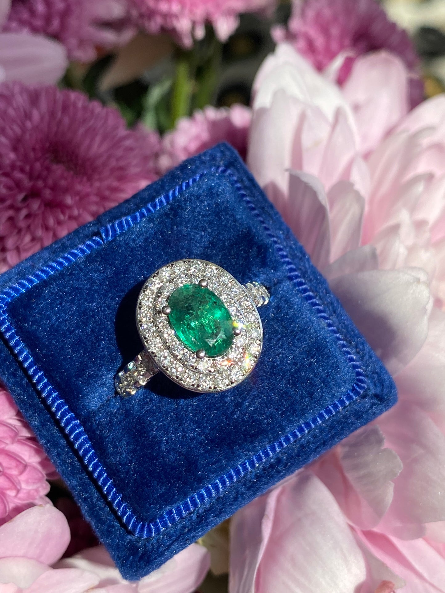 2.22 Ctw Emerald and Natural Diamond Double Halo Ring in Platinum