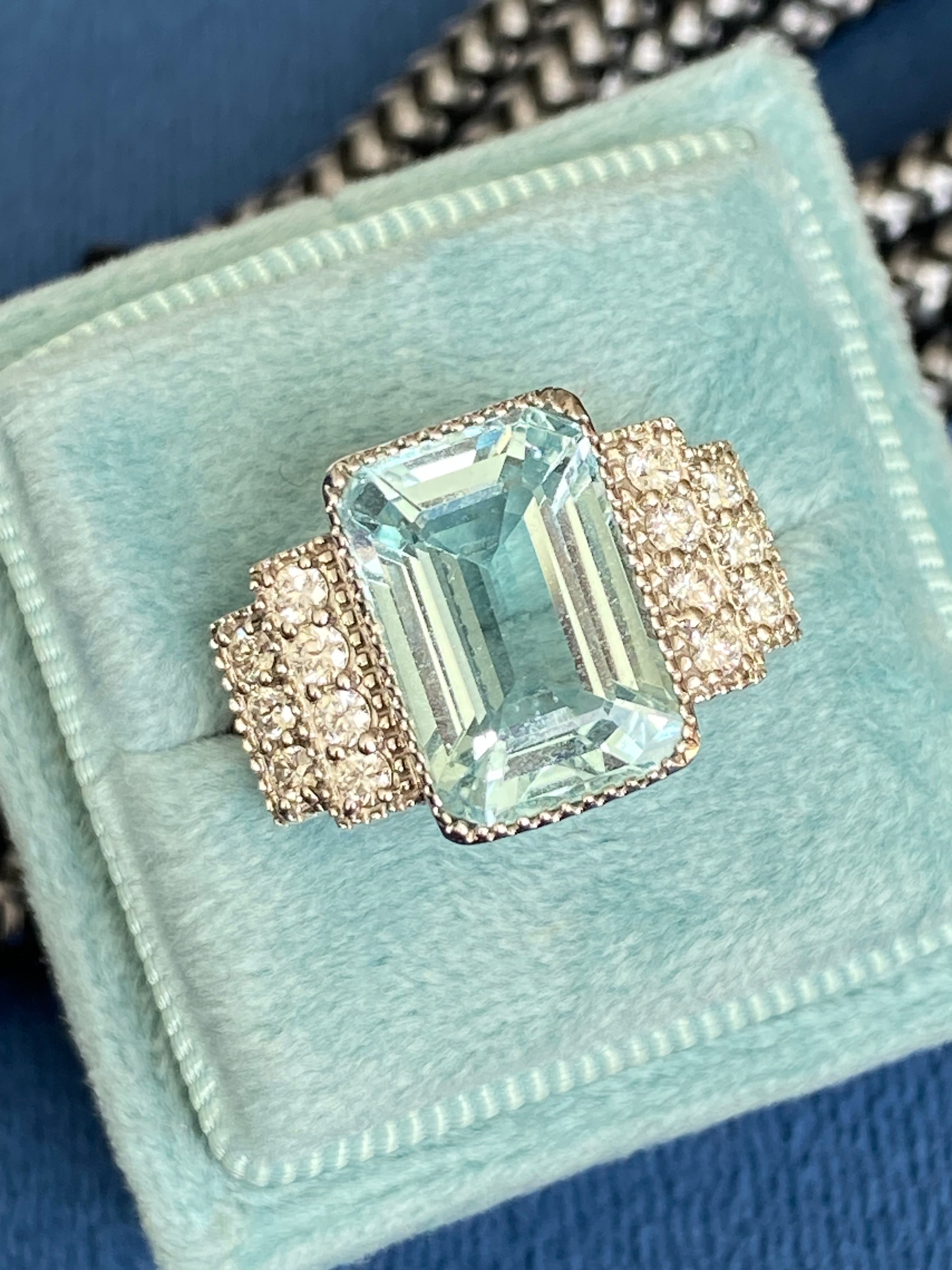 6.29 CTW Art Deco Style Aquamarine and Diamond Ring in 18ct White Gold