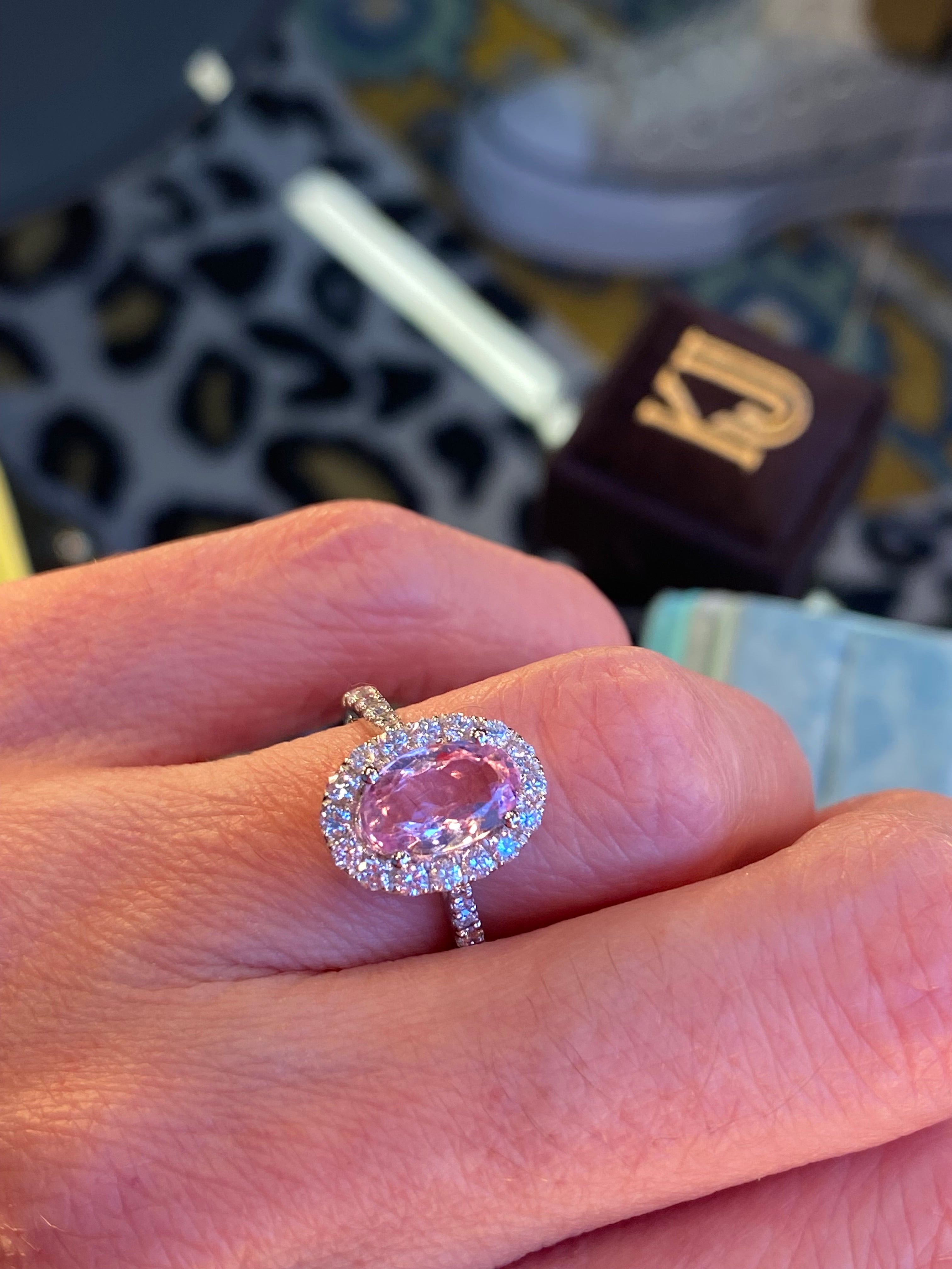 1.94 CTW Oval Cut Pink Topaz and Natural Diamond Halo Ring in Platinum