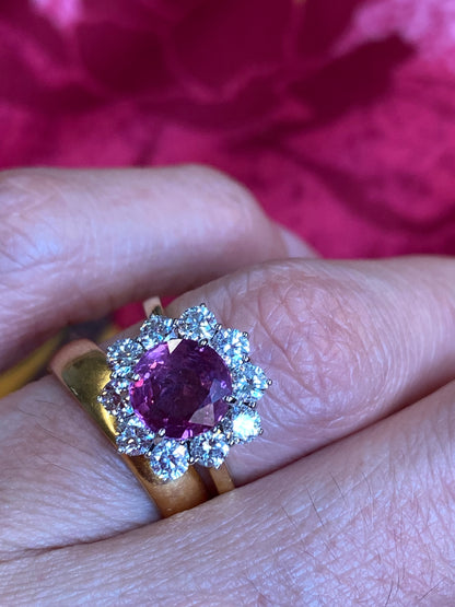 2.93 CTW Round-Cut Ruby and Natural Diamond Halo Ring in 18ct White and Yellow Gold