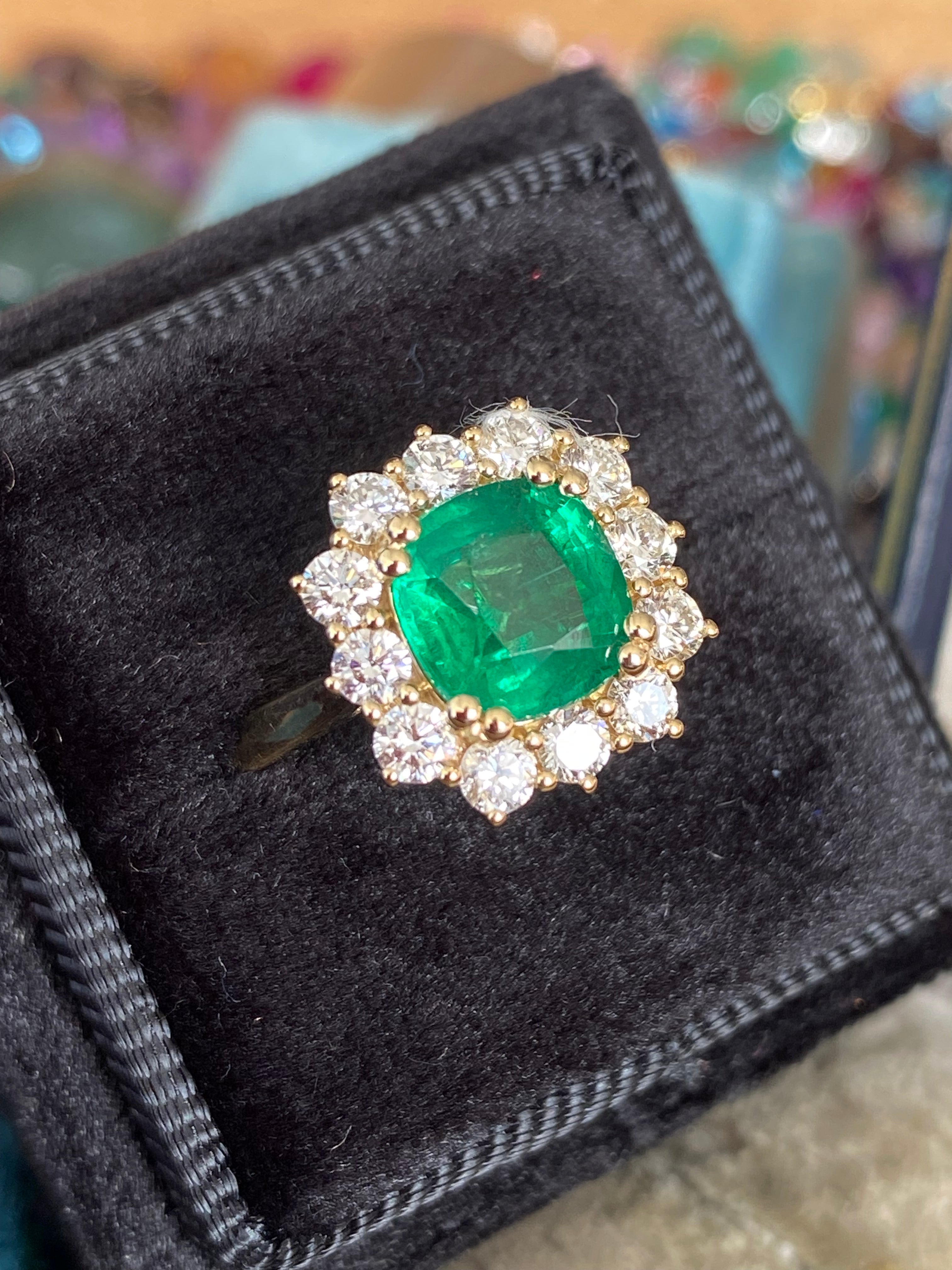 Masterpiece Cushion Cut Emerald and Natural Diamond Halo Ring in 18ct Yellow Gold