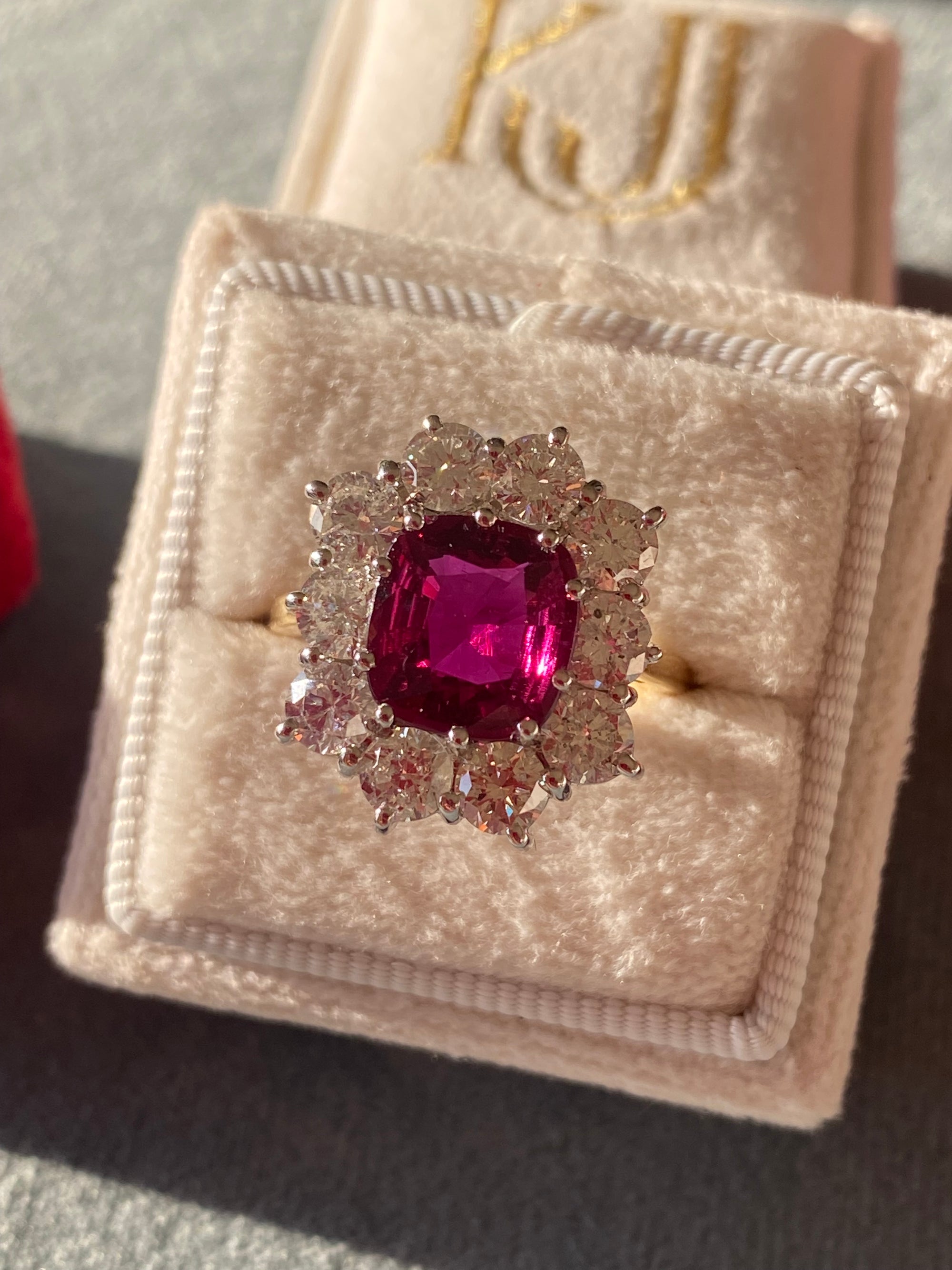 5.04 CTW No Heat Ruby and Natural Diamond Halo Ring in 18ct Yellow Gold
