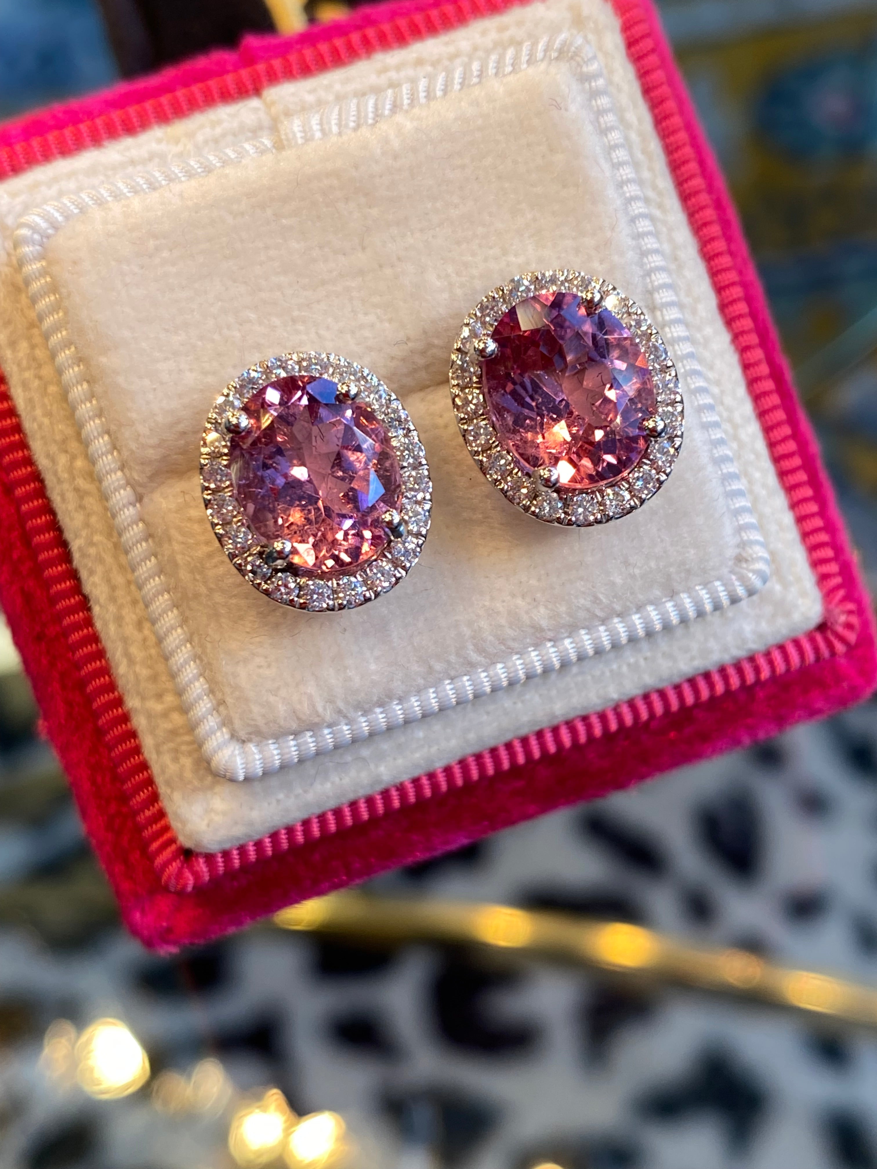 5.90 CTW Pink Tourmaline and Diamond Halo Stud Earrings in Platinum
