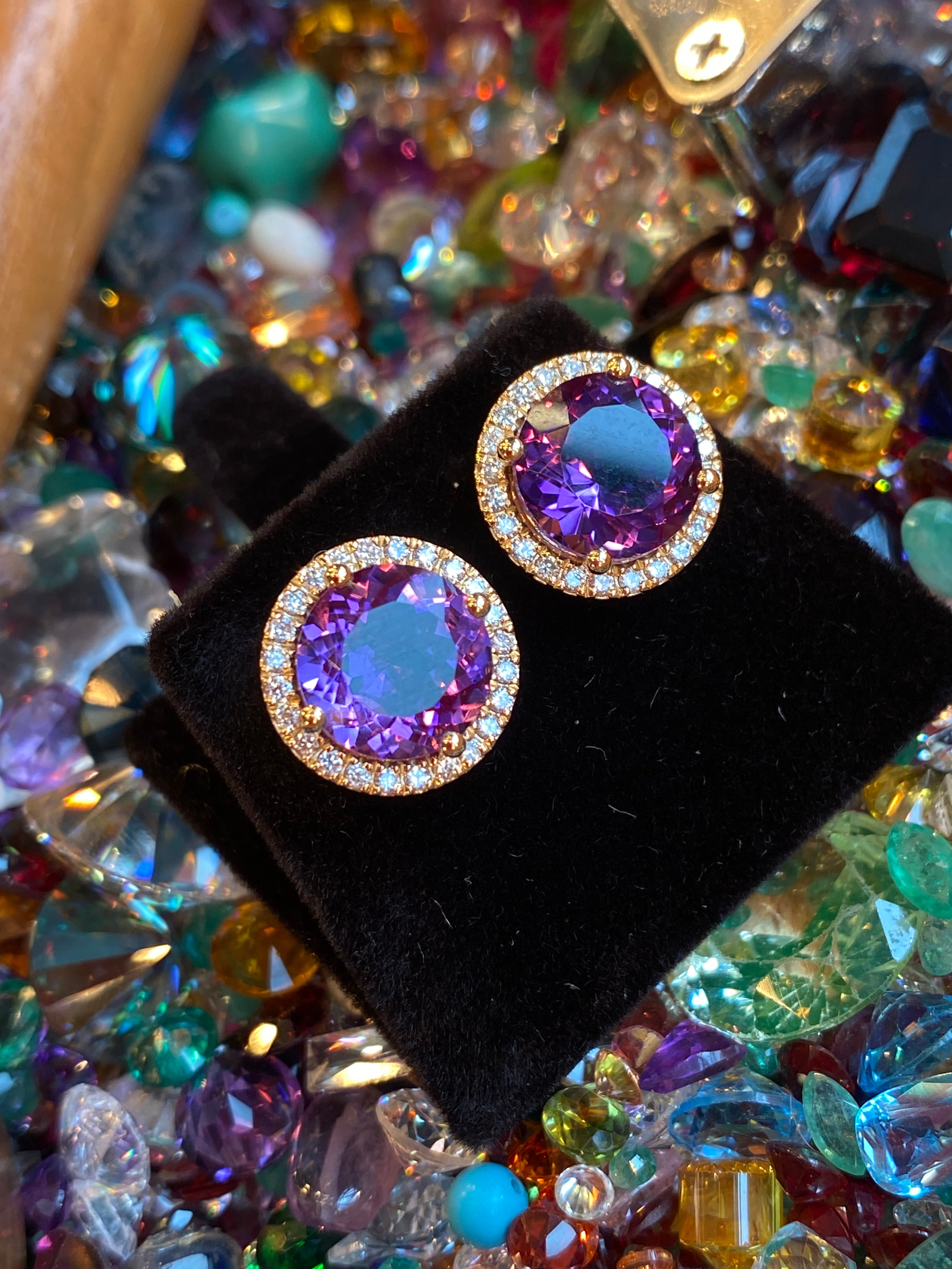 5.28 CTW Amethyst Natural Diamond Halo Stud Earrings in 9ct Yellow Gold