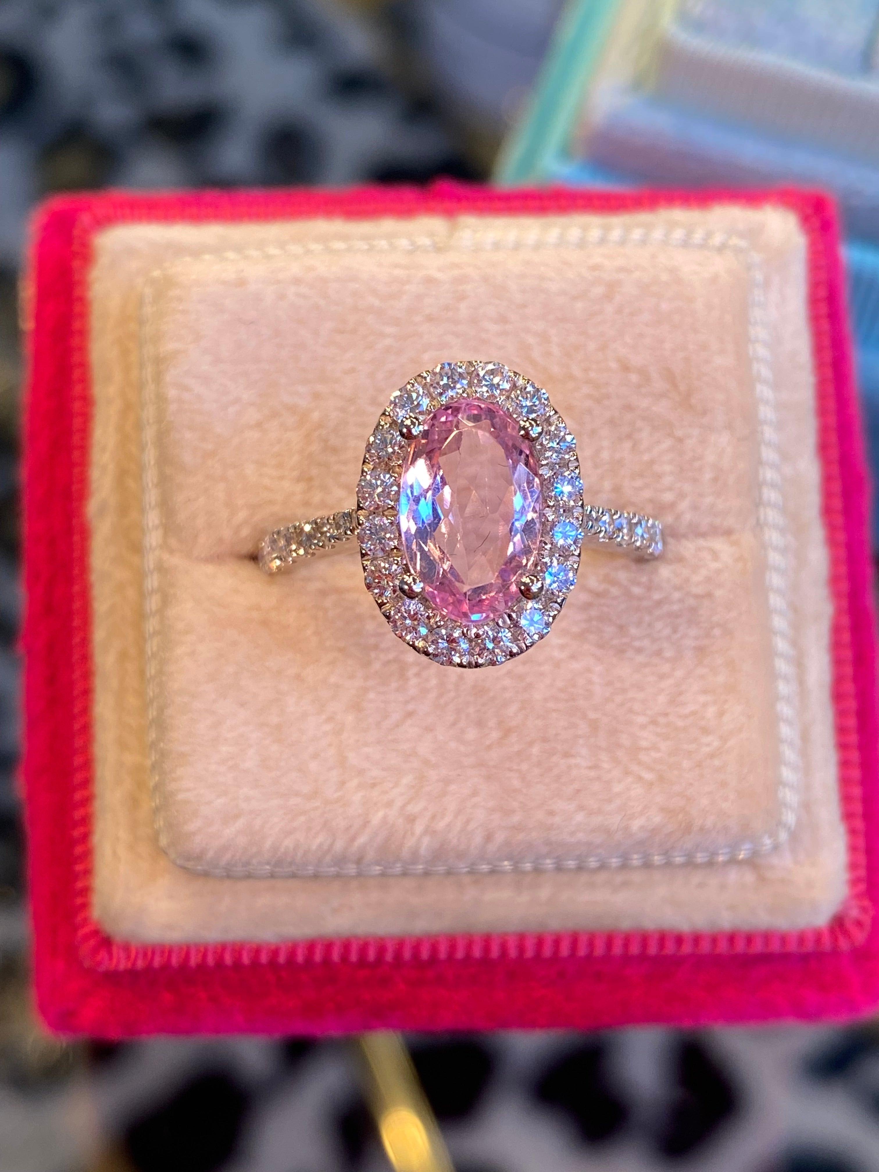 1.94 CTW Oval Cut Pink Topaz and Natural Diamond Halo Ring in Platinum