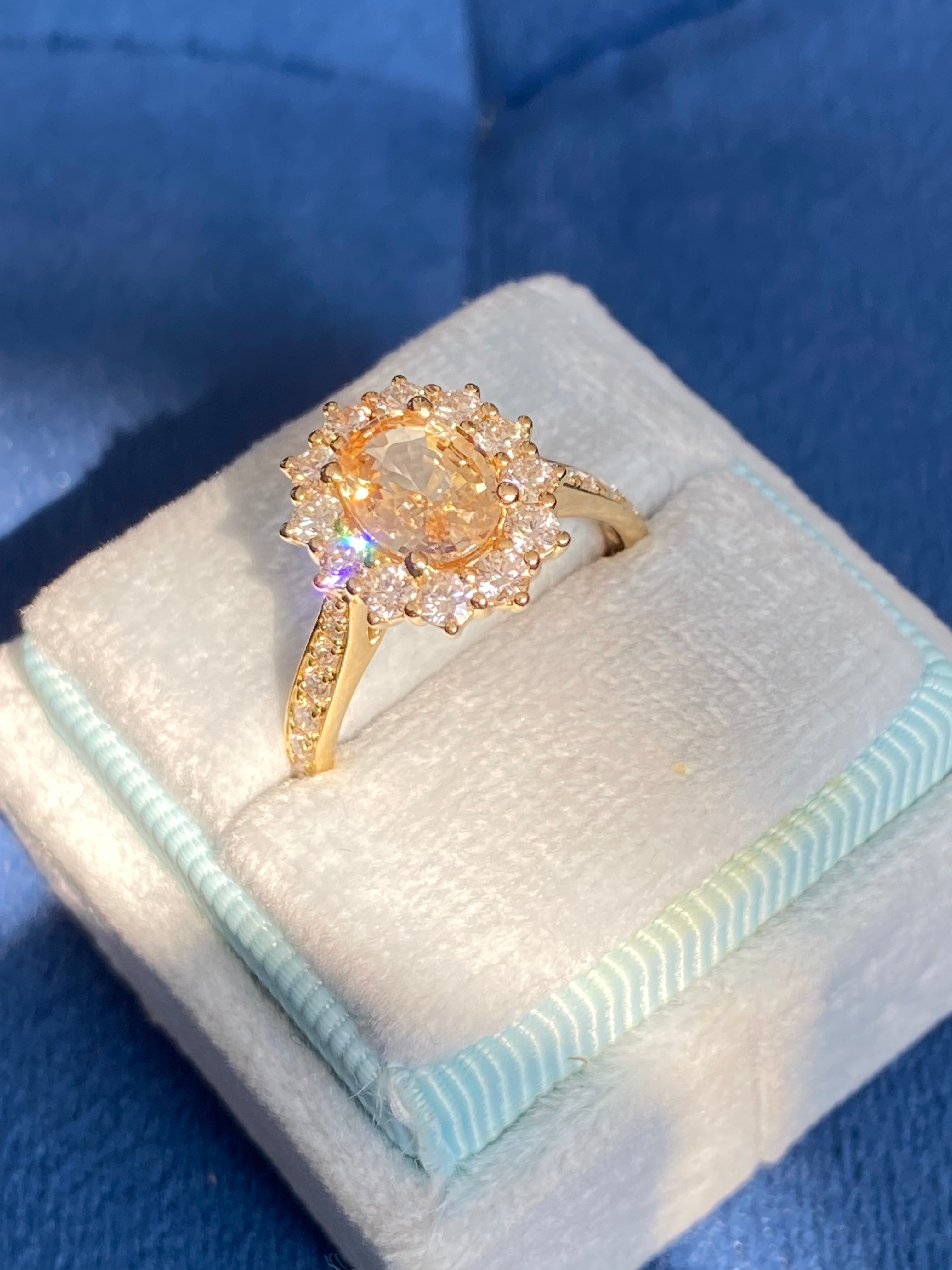 2.24 CTW Peach Sapphire and Natural Diamond Halo Ring in 18ct Yellow Gold