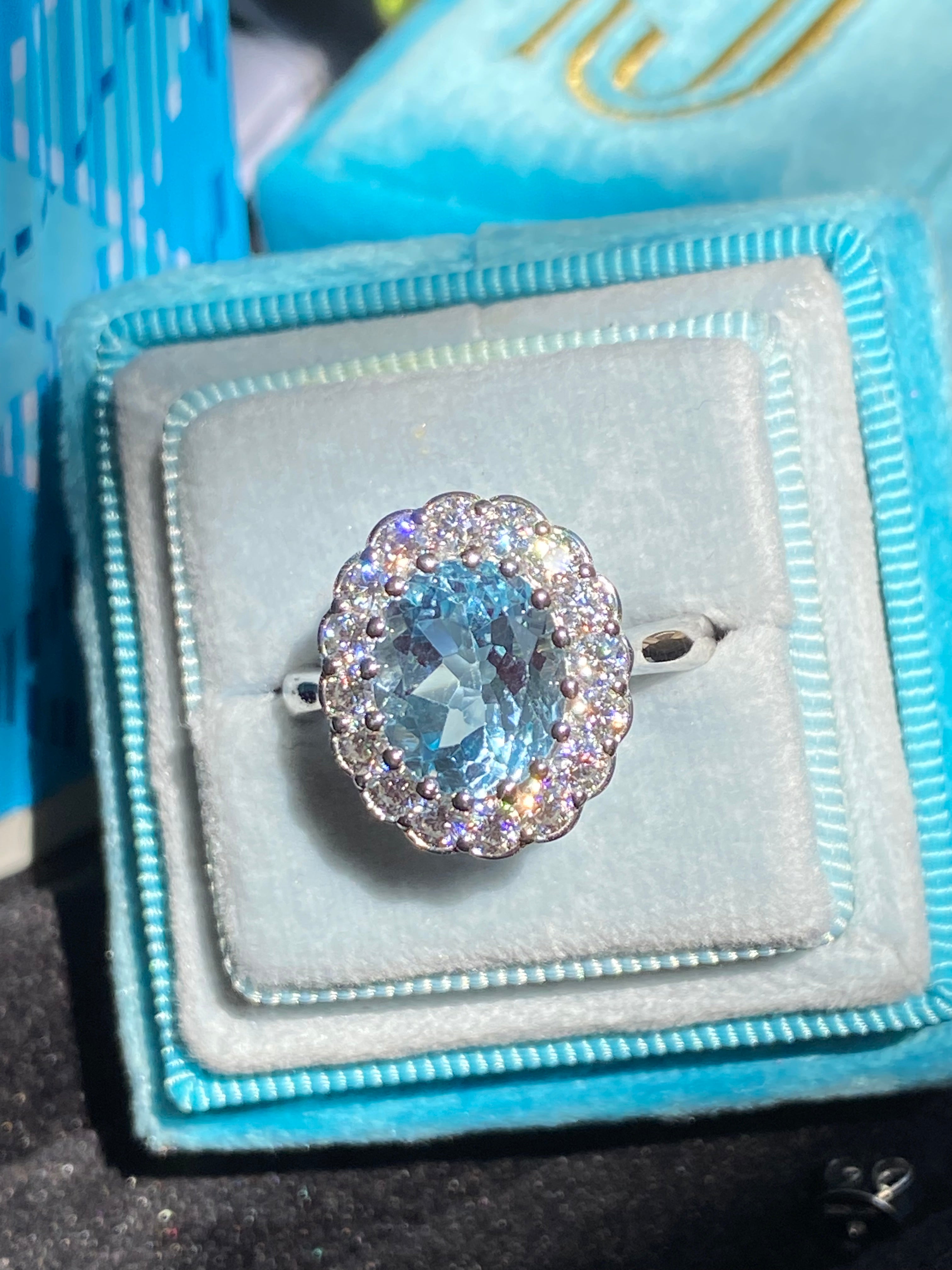 5.50 CTW Oval Cut Blue Topaz and Moissanite Halo Cocktail Ring
