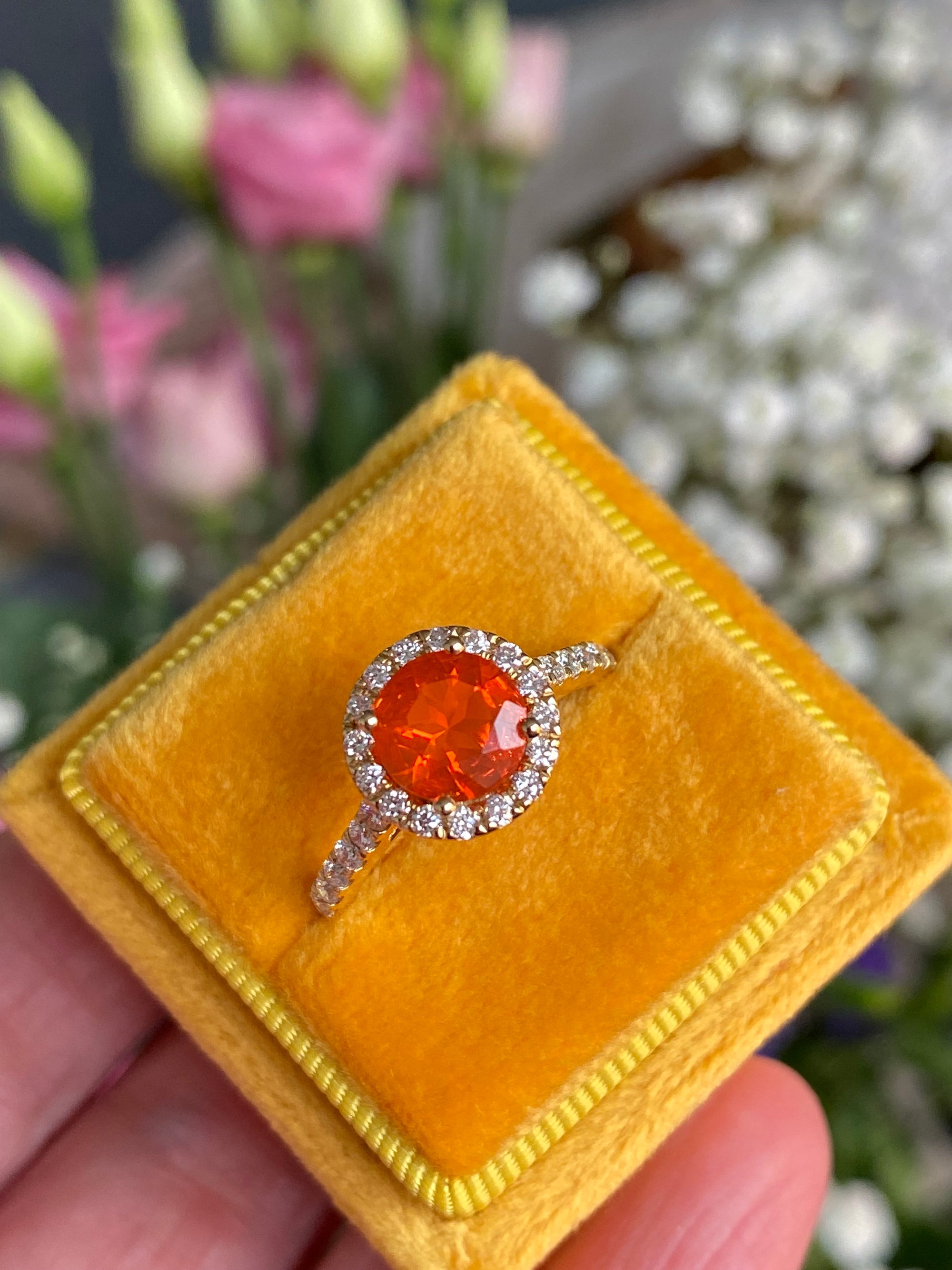 1.37 CTW Fire Opal and Natural Diamond Halo Ring in 18ct Yellow Gold