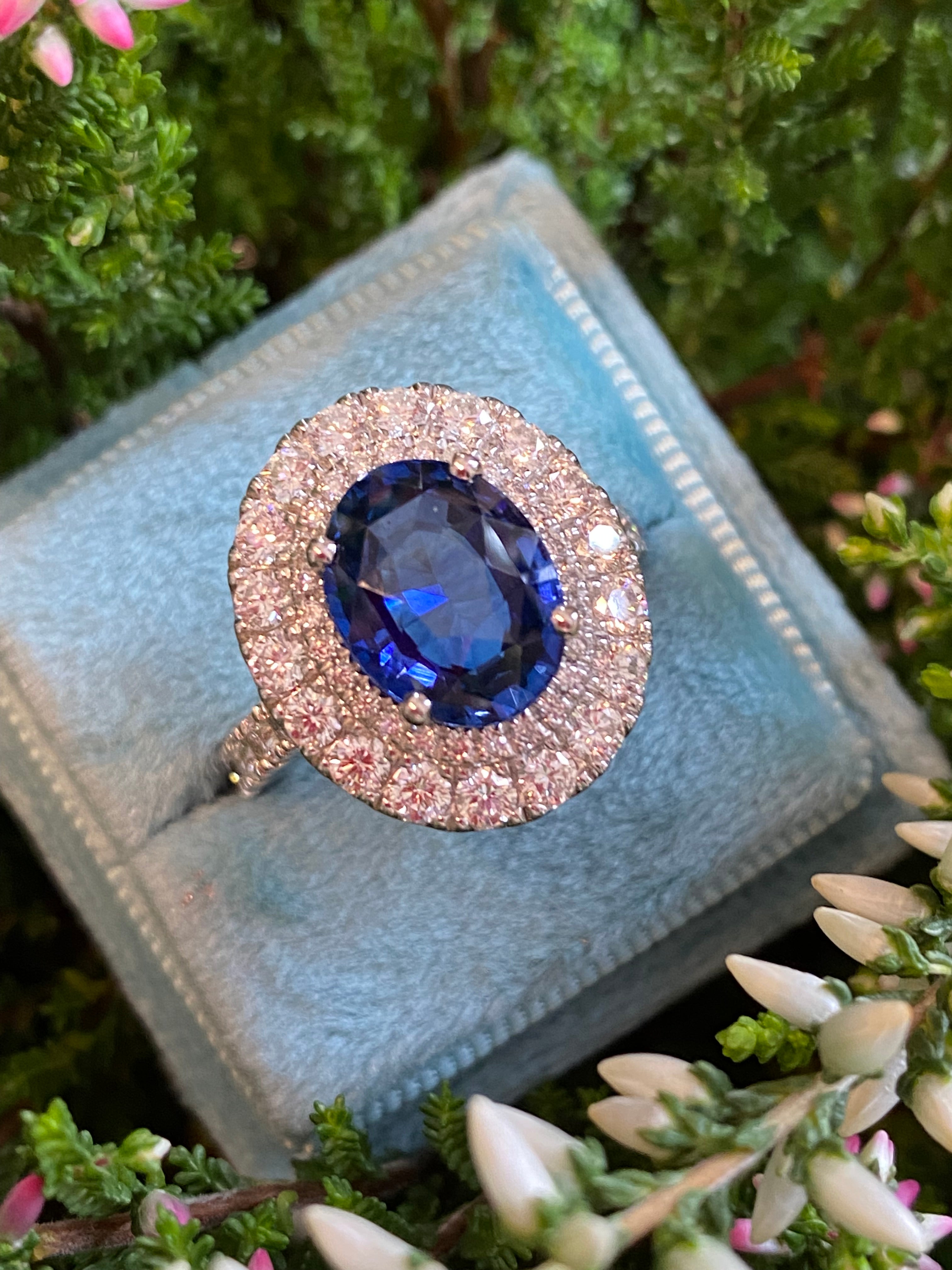 4.29 Carat Blue Ceylon Sapphire and 1.67 CTW Natural Diamond Halo Ring in Platinum