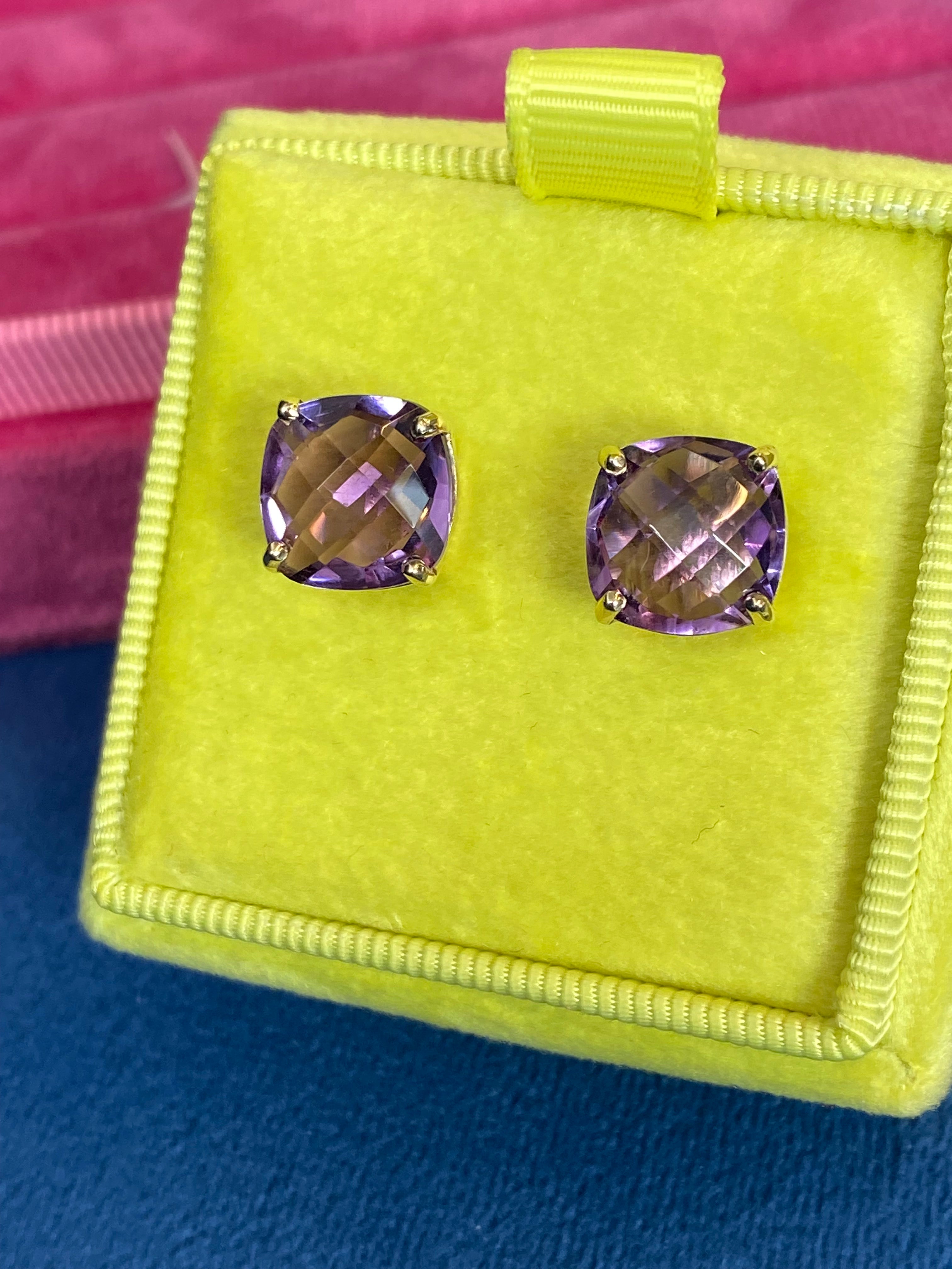 Cushion Chequerboard Cut Rose De France Amethyst Stud Earrings in 9ct Yellow Gold