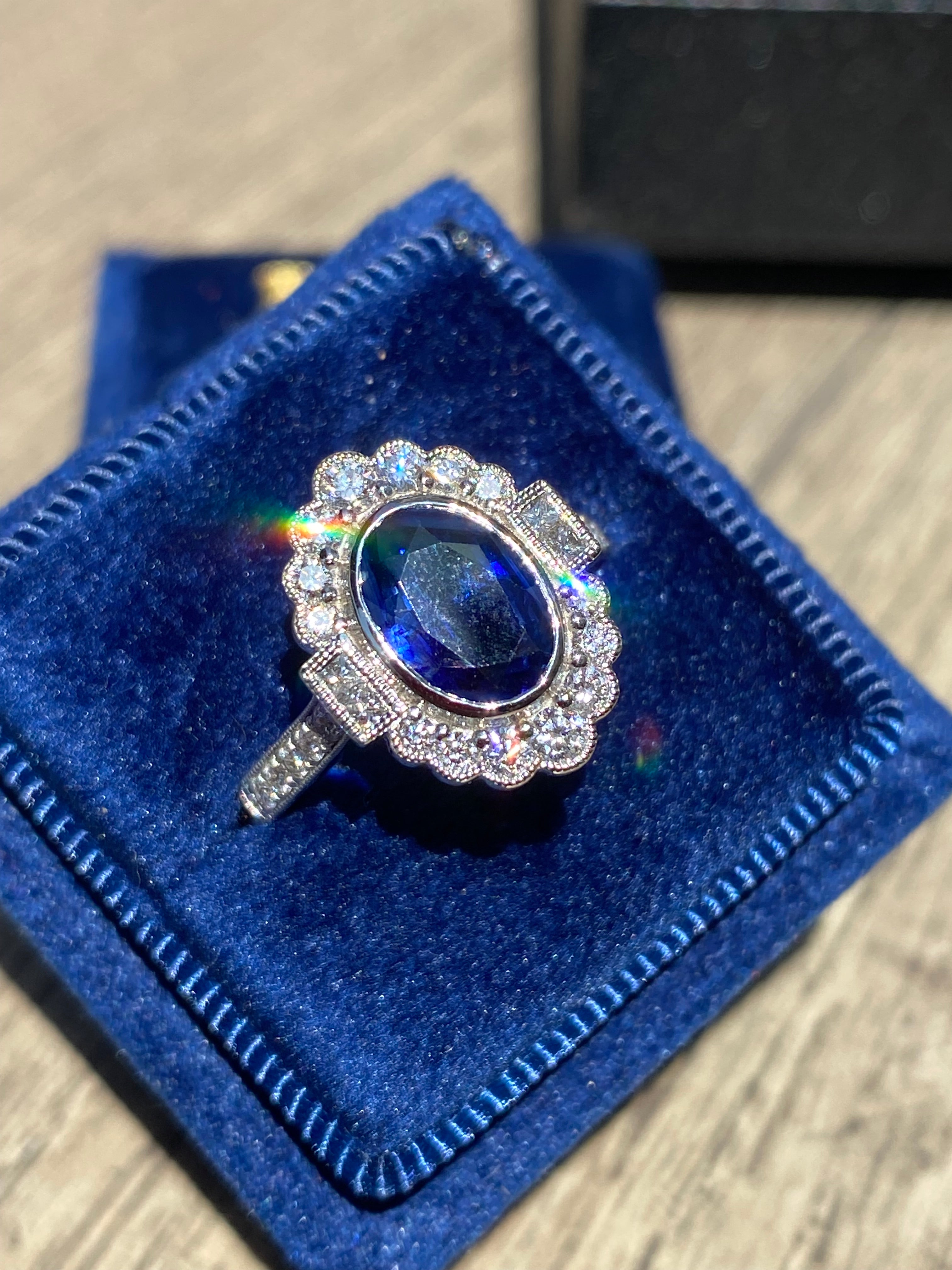 1.95 Carat Blue Ceylon Sapphire and Natural Diamond Halo Ring in Platinum