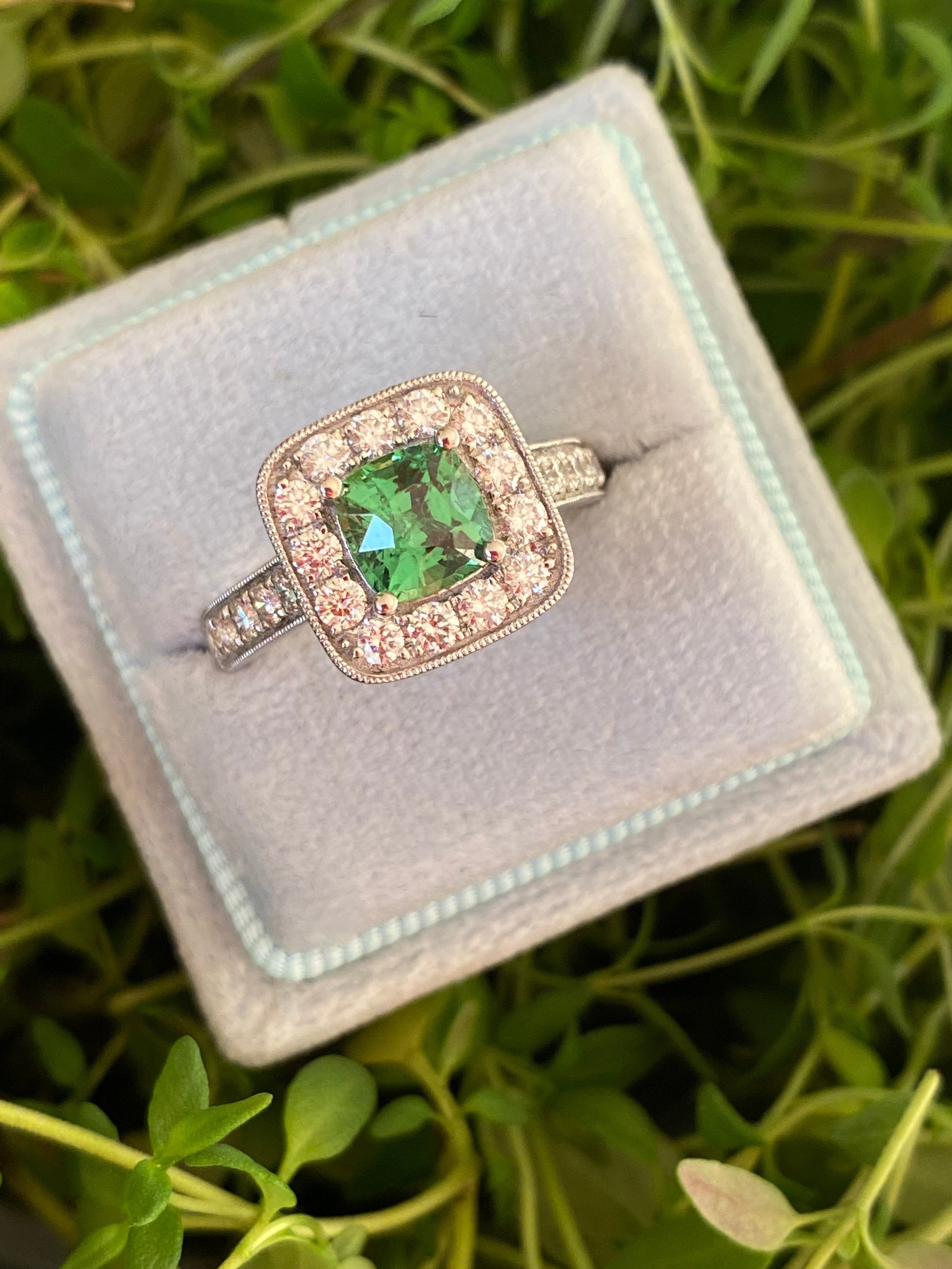 1.29 Carat Tsavorite Garnet and 0.72 Carat Diamond Halo Engagement Ring in Platinum