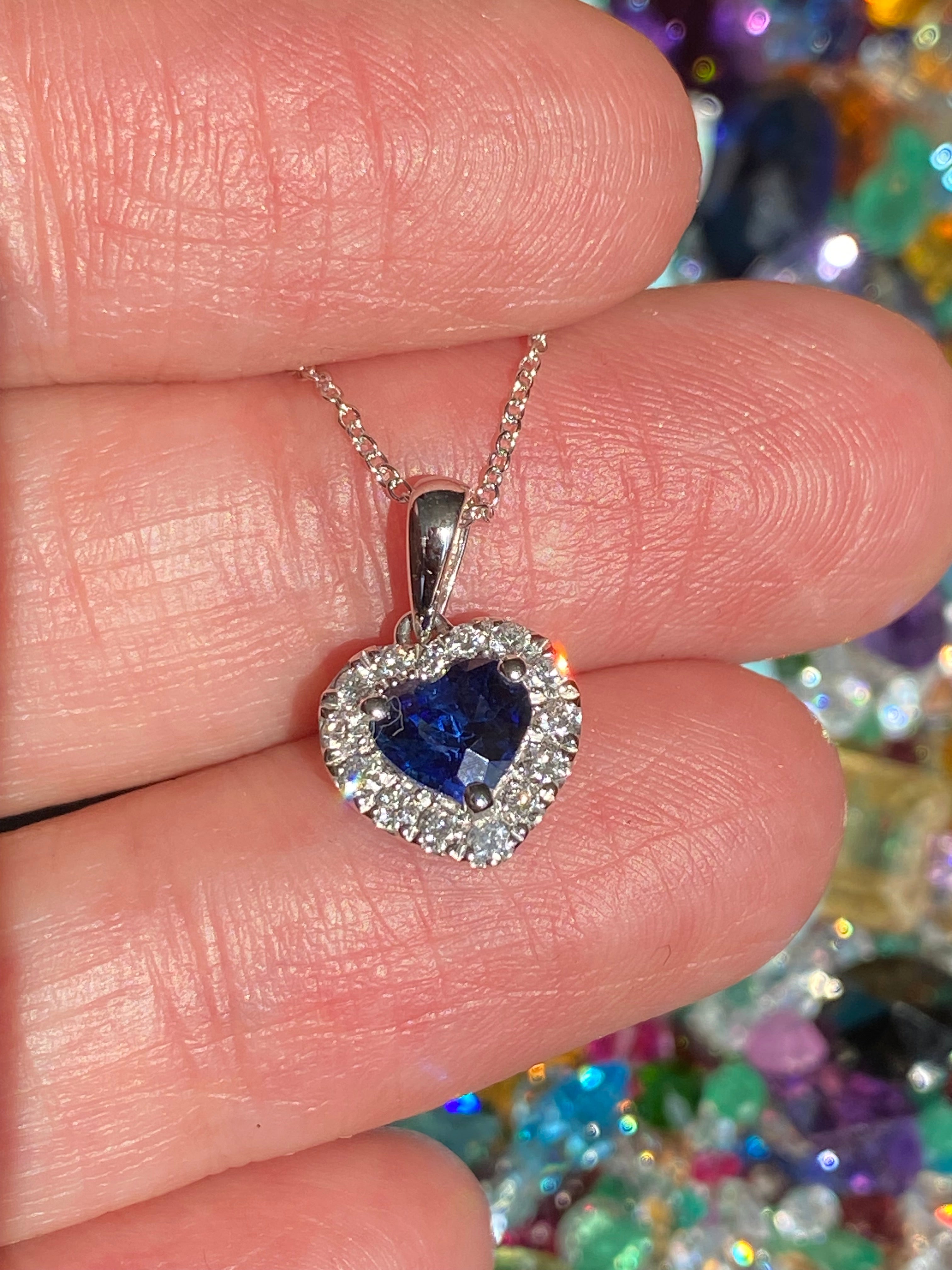 1.11 CTW Heart Shaped Ceylon Sapphire and Natural Diamond Pendant Necklace in 18ct White Gold