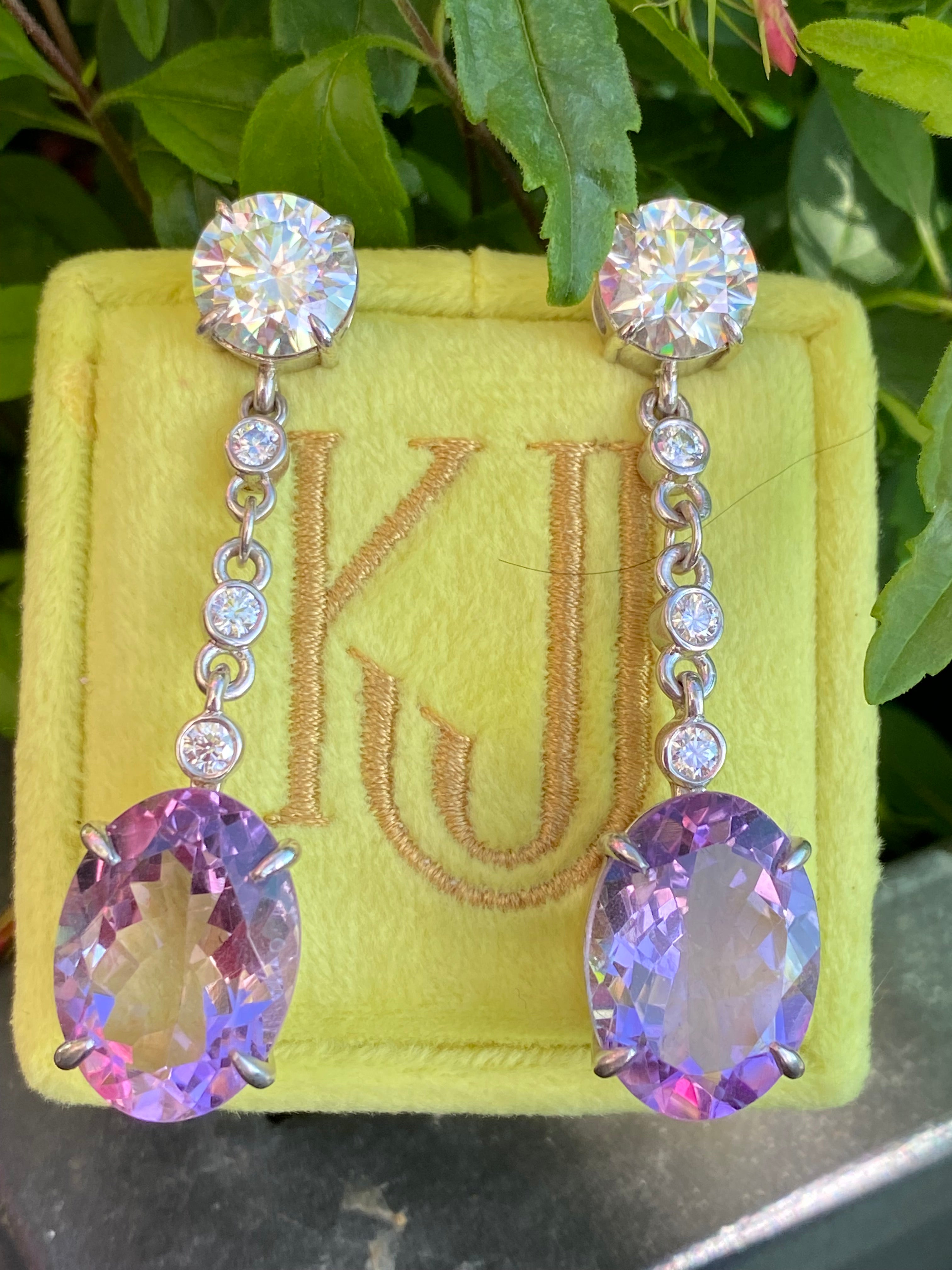 28.00 Carat Oval Cut Rose de France Amethyst and Moissanite Earrings in Sterling Silver