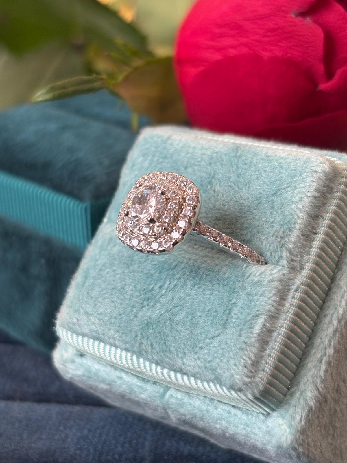 Round Cut Moissanite Double Halo Engagement and Wedding / Eternity Ring Set in Sterling Silver