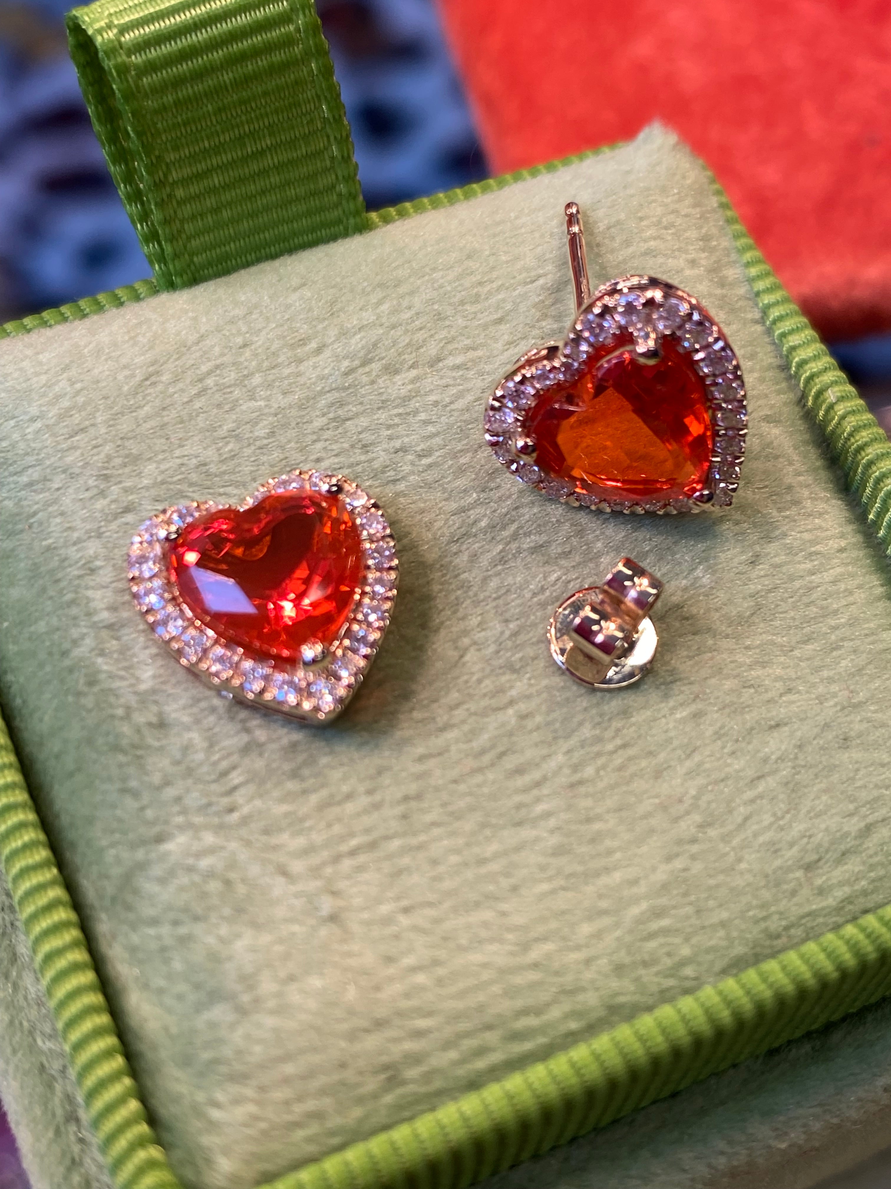 Heart Shaped Fire Opal and Natural Diamond Stud Earrings in 9ct Yellow Gold