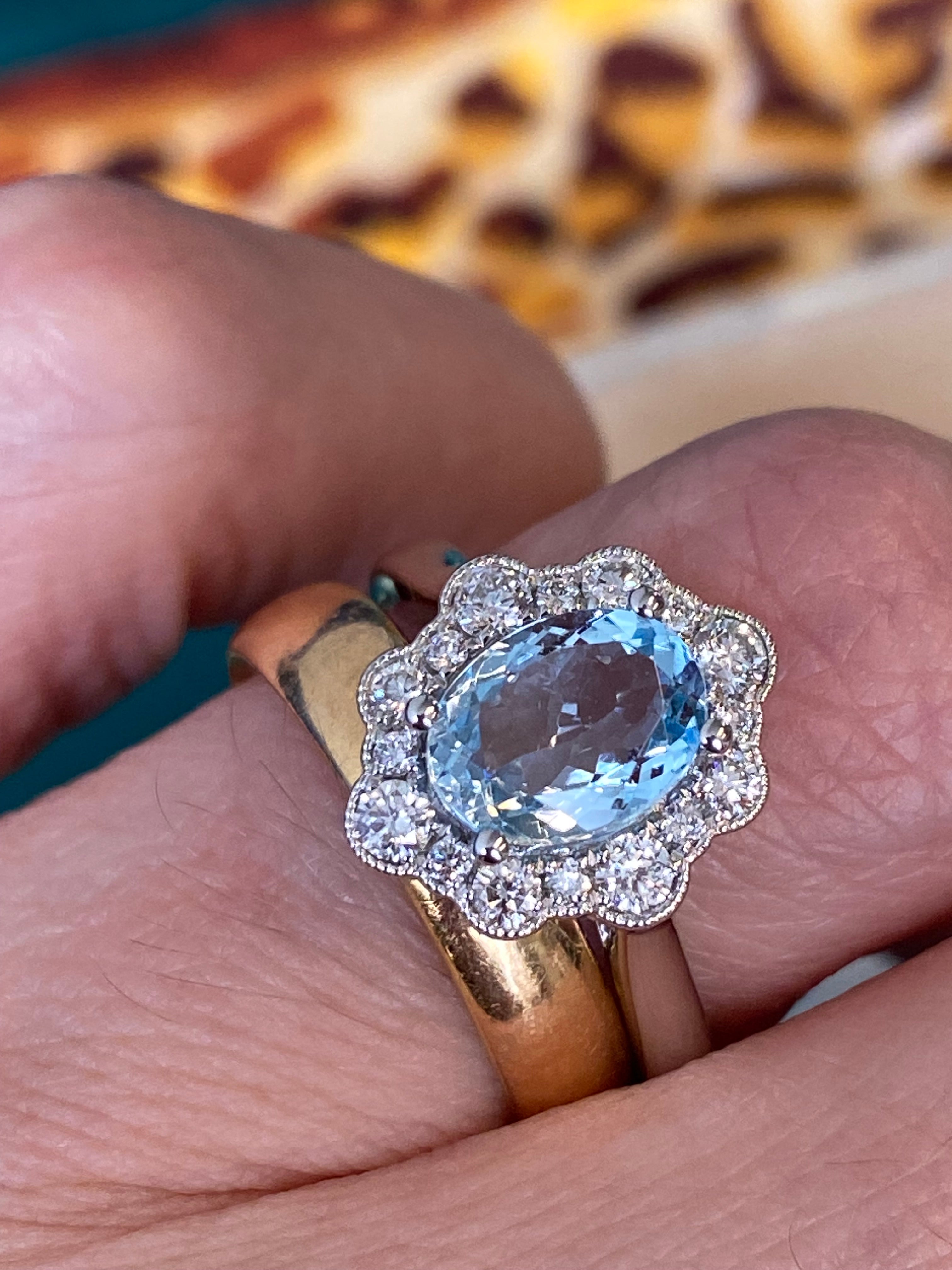 1.55 CTW Oval Cut Aquamarine and Natural Diamond Halo Engagement Ring in Platinum