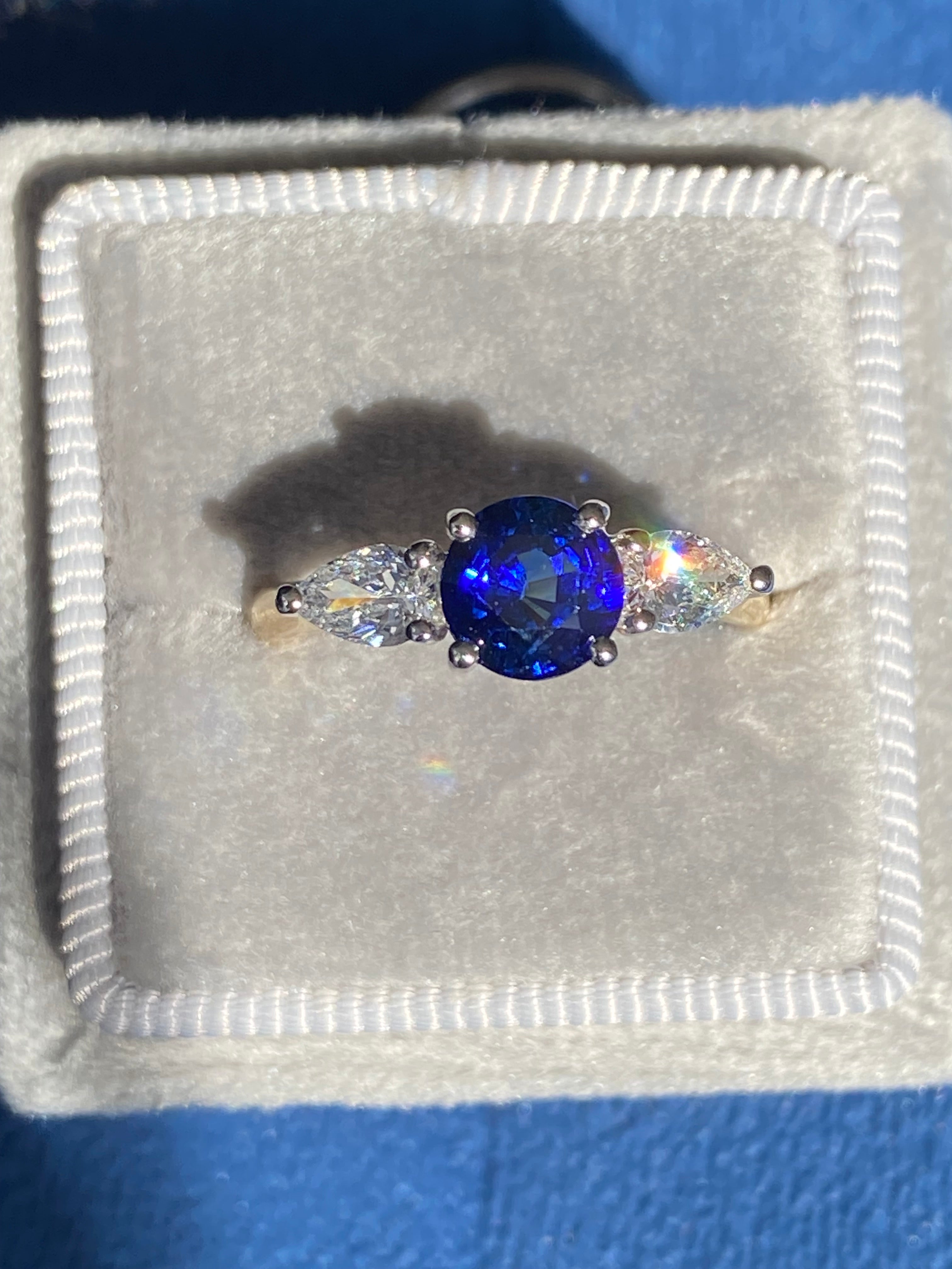 1.52 CTW Blue Ceylon Sapphire and Natural Diamond Three Stone Engagement Ring in Platinum and 18ct Yellow Gold