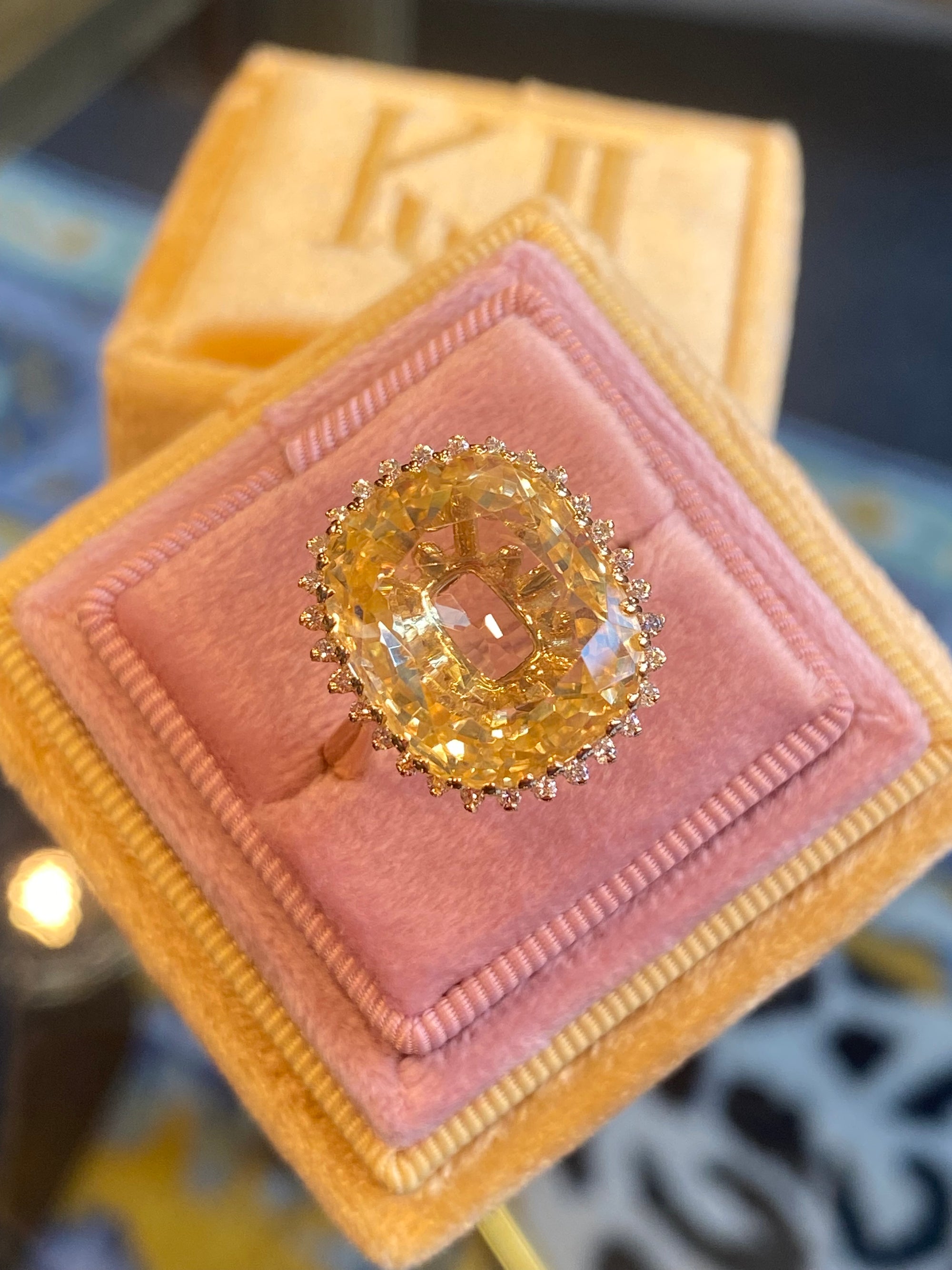 Masterpiece 19.23 Carat Certified Antique Unheated Yellow Sapphire and Diamond Ring