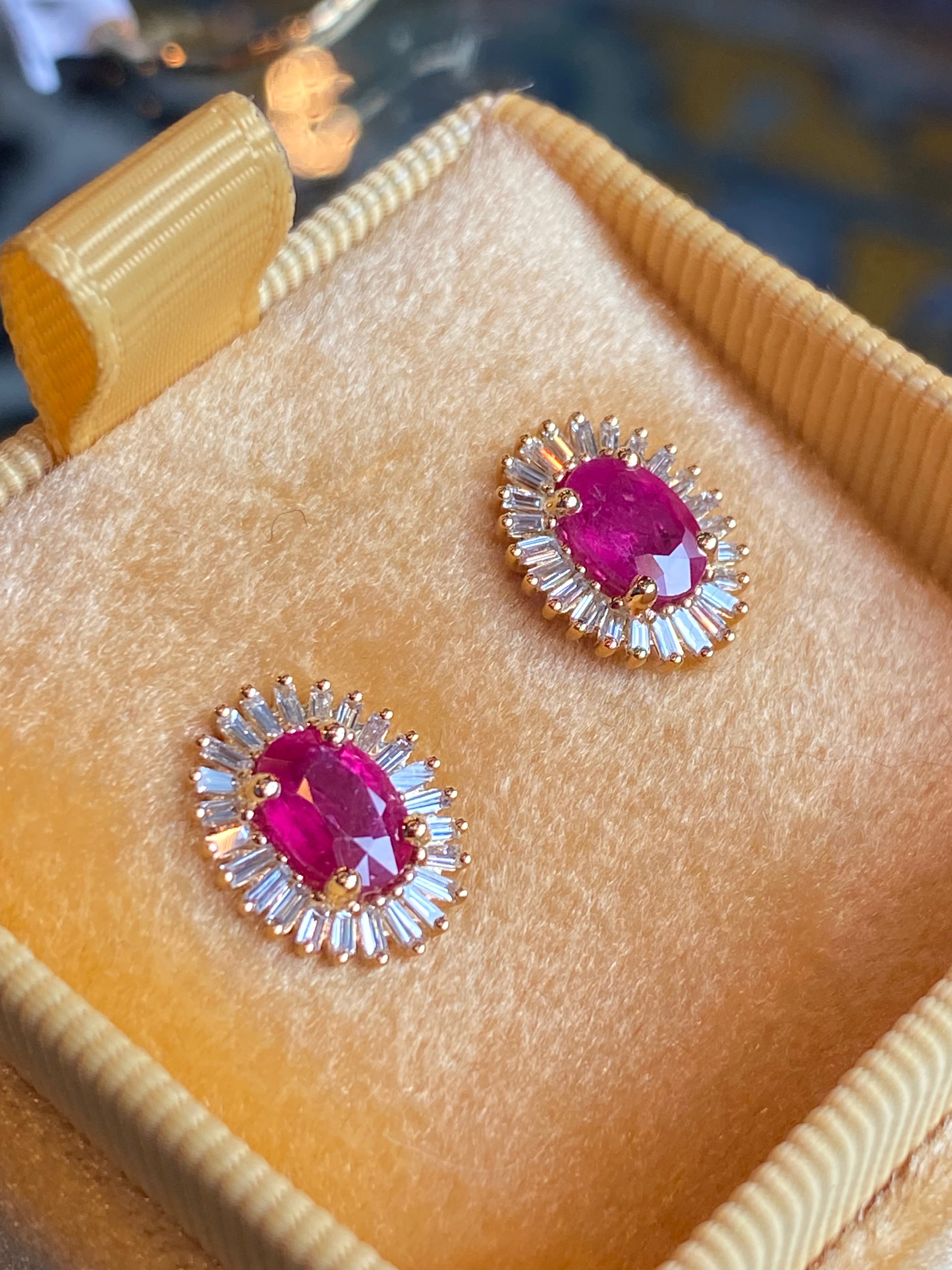 2.22 CTW Ruby and Natural Diamond Halo Stud Ballerina Earrings in 18ct Yellow Gold