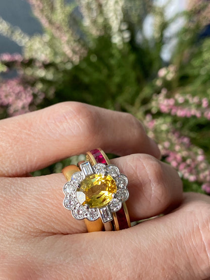 2.45 Carat Yellow Sapphire and Natural Diamond Halo Ring in Platinum
