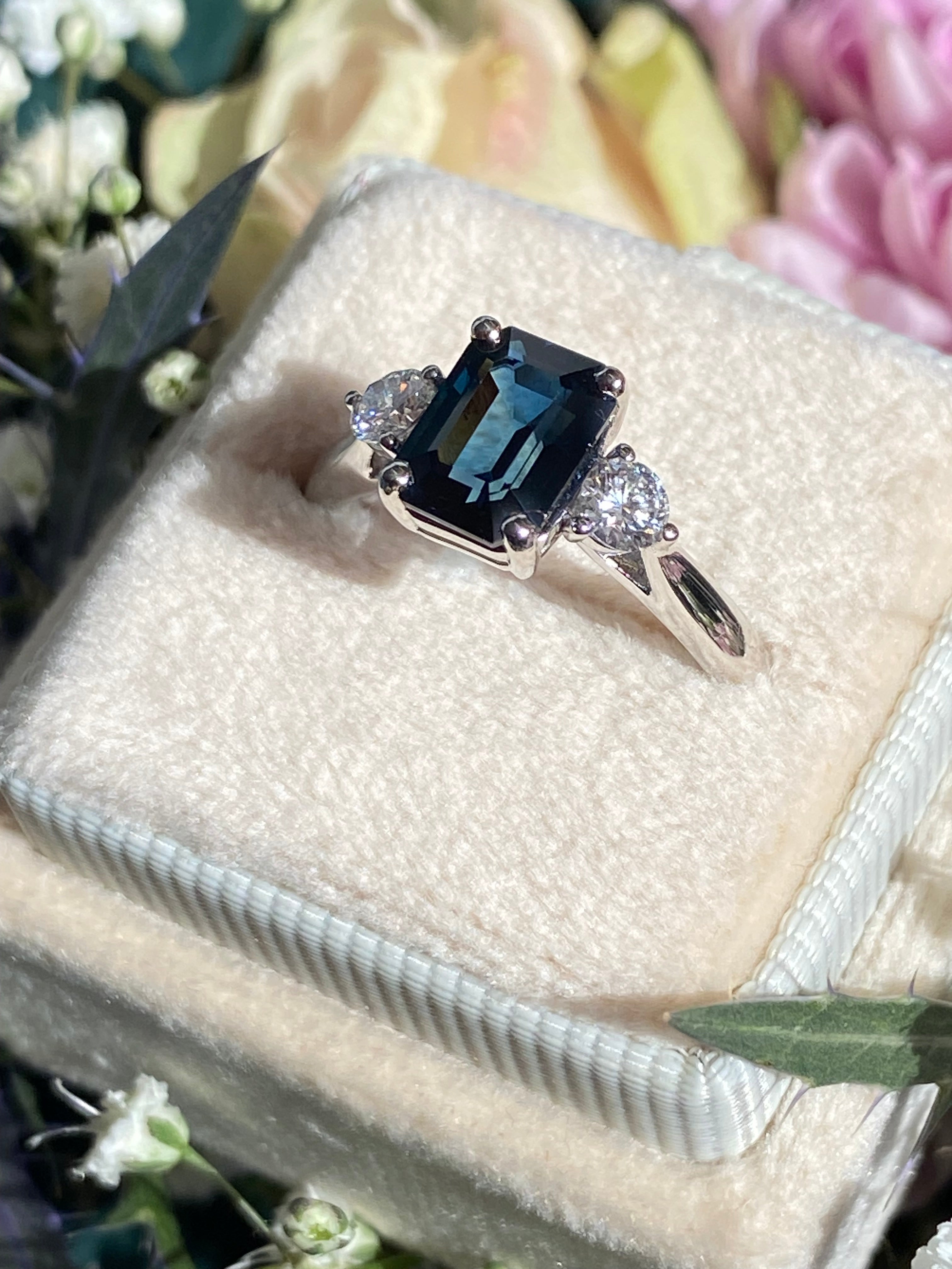 2.04 Carat Teal Sapphire and 0.29 CTW Natural Diamond Three Stone Ring in Platinum