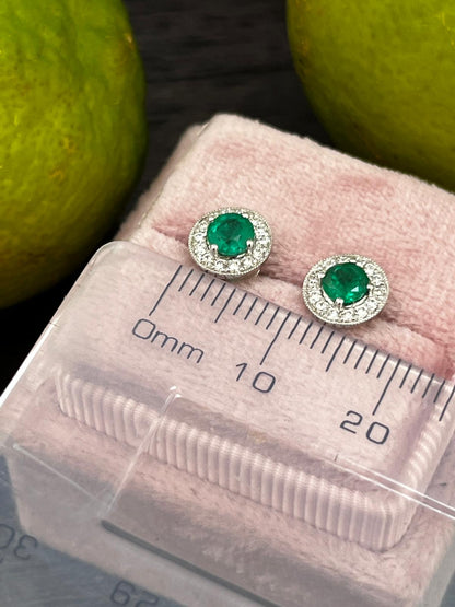 Emerald and Natural Diamond Halo Stud Earrings in 18ct White Gold