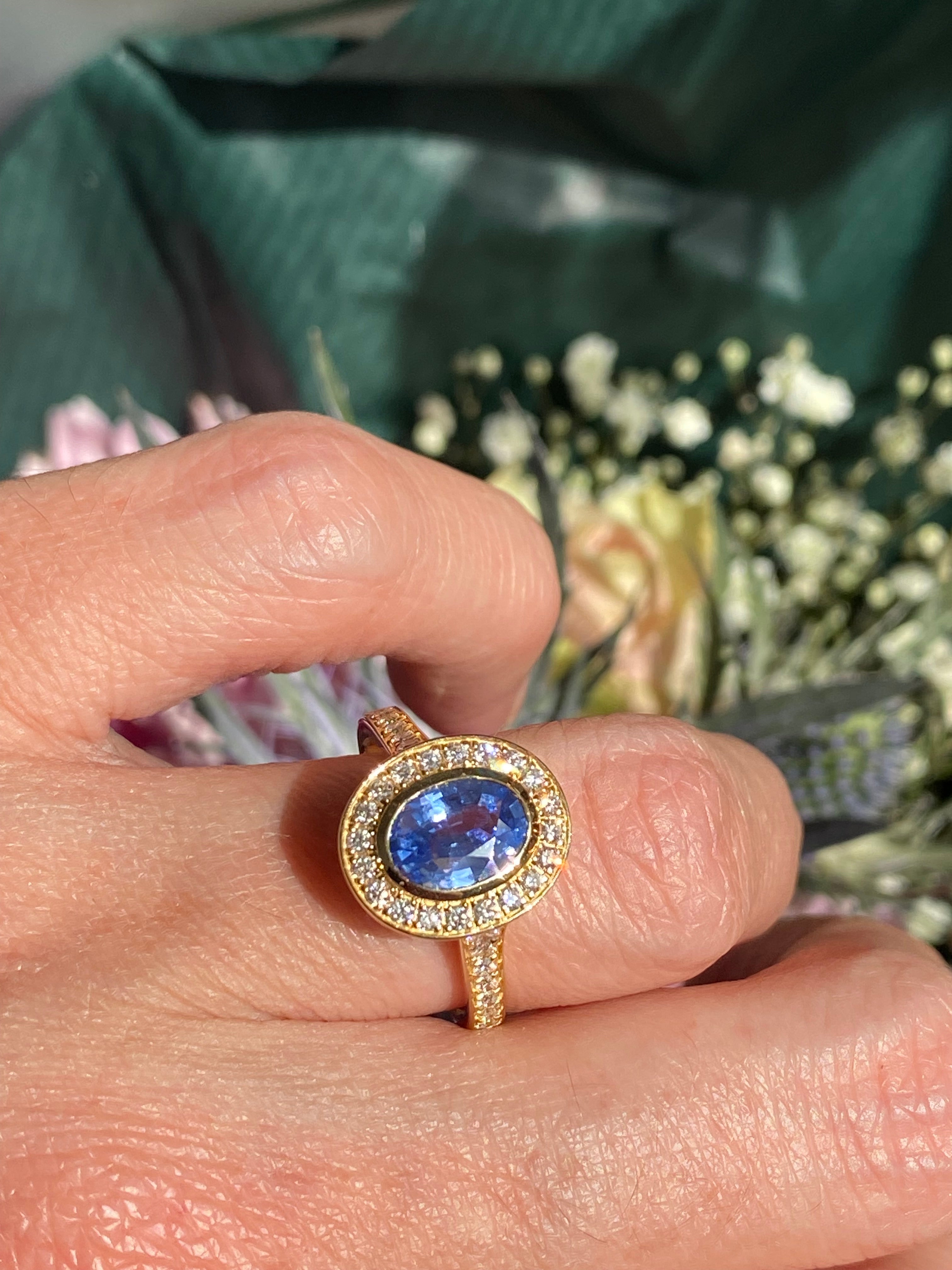1.64 CTW Violet Sapphire and Natural Diamond Halo Ring in 18ct Yellow Gold