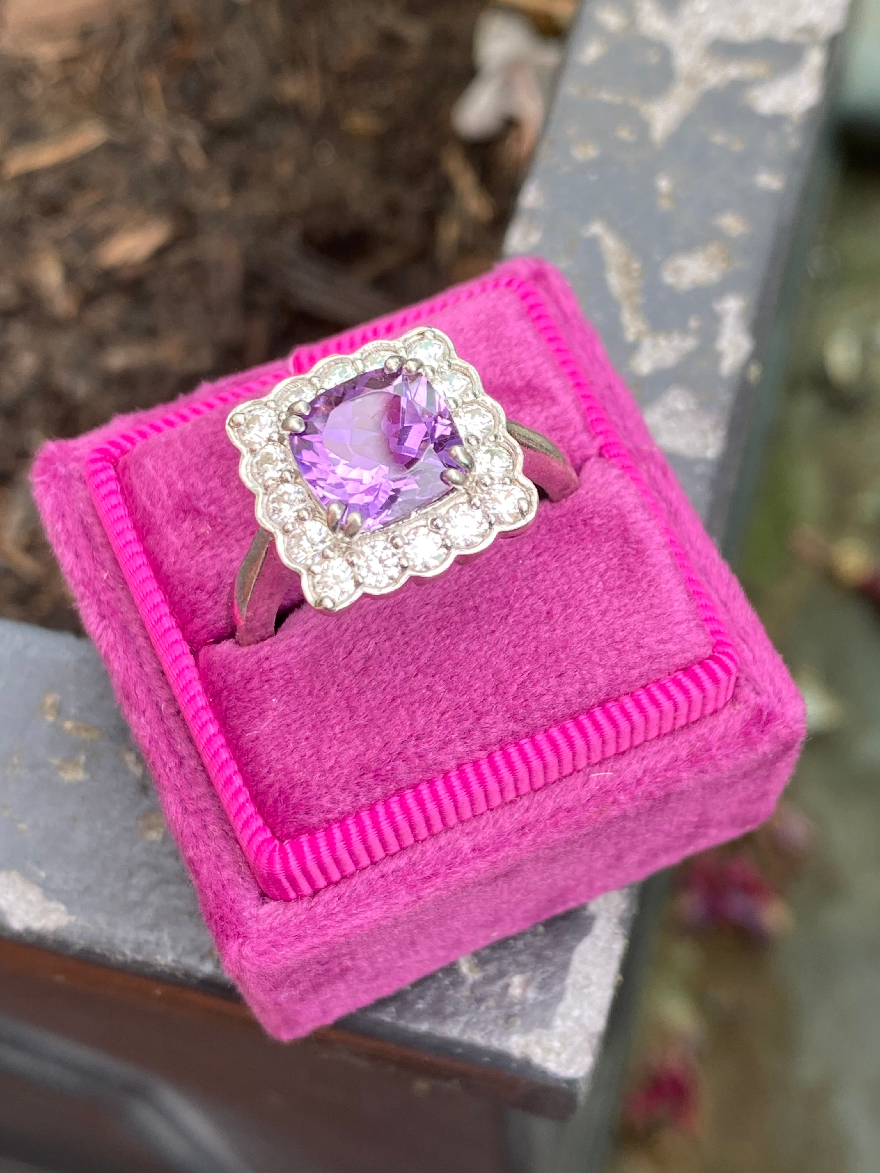 4.29 CTW Cushion Cut Amethyst and Moissanite Halo Cocktail Ring in Sterling Silver