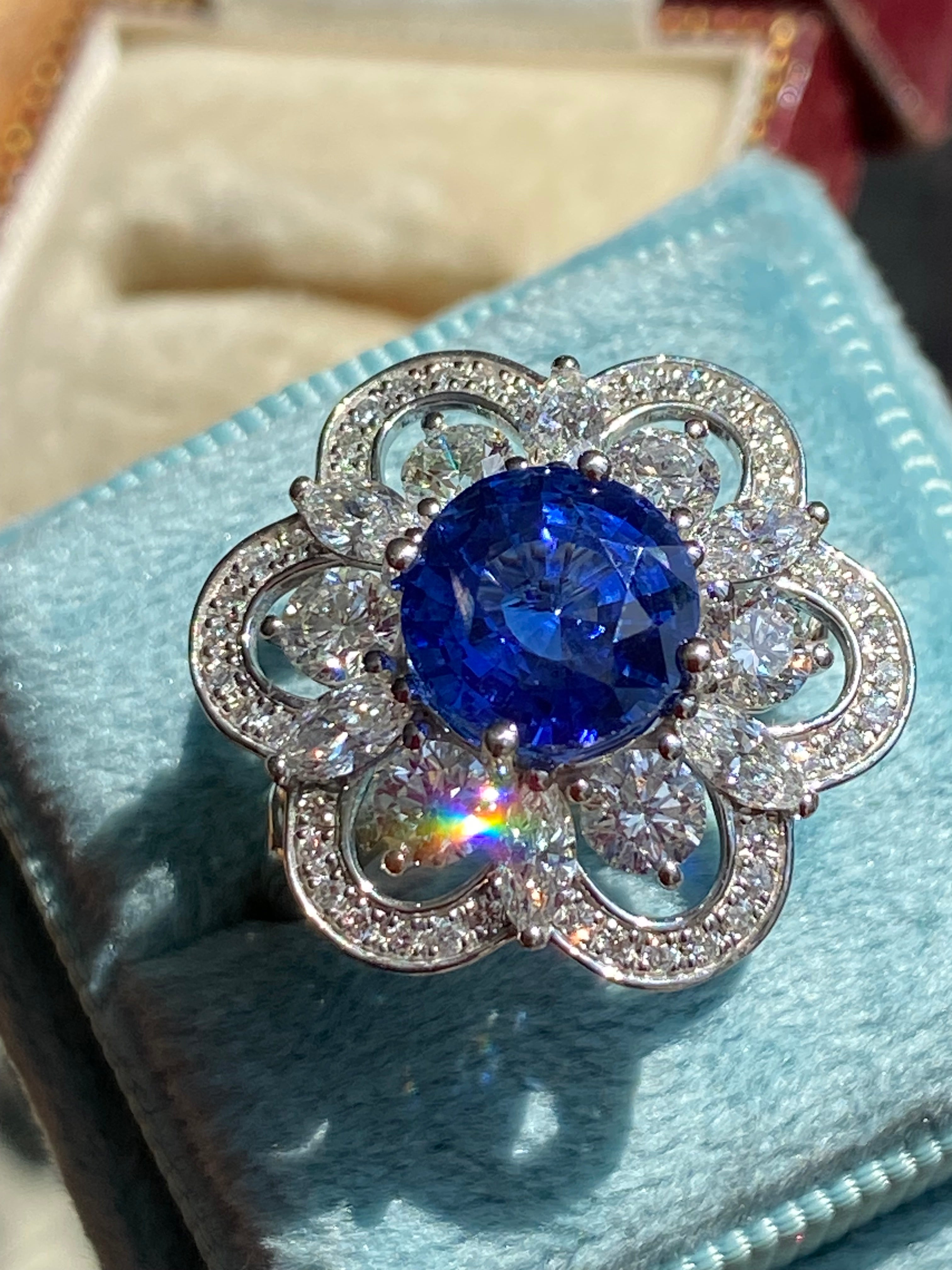 Masterpiece Showstopper 5.44 CTW Ceylon Sapphire and Natural Diamond Halo Cocktail Ring in Platinum