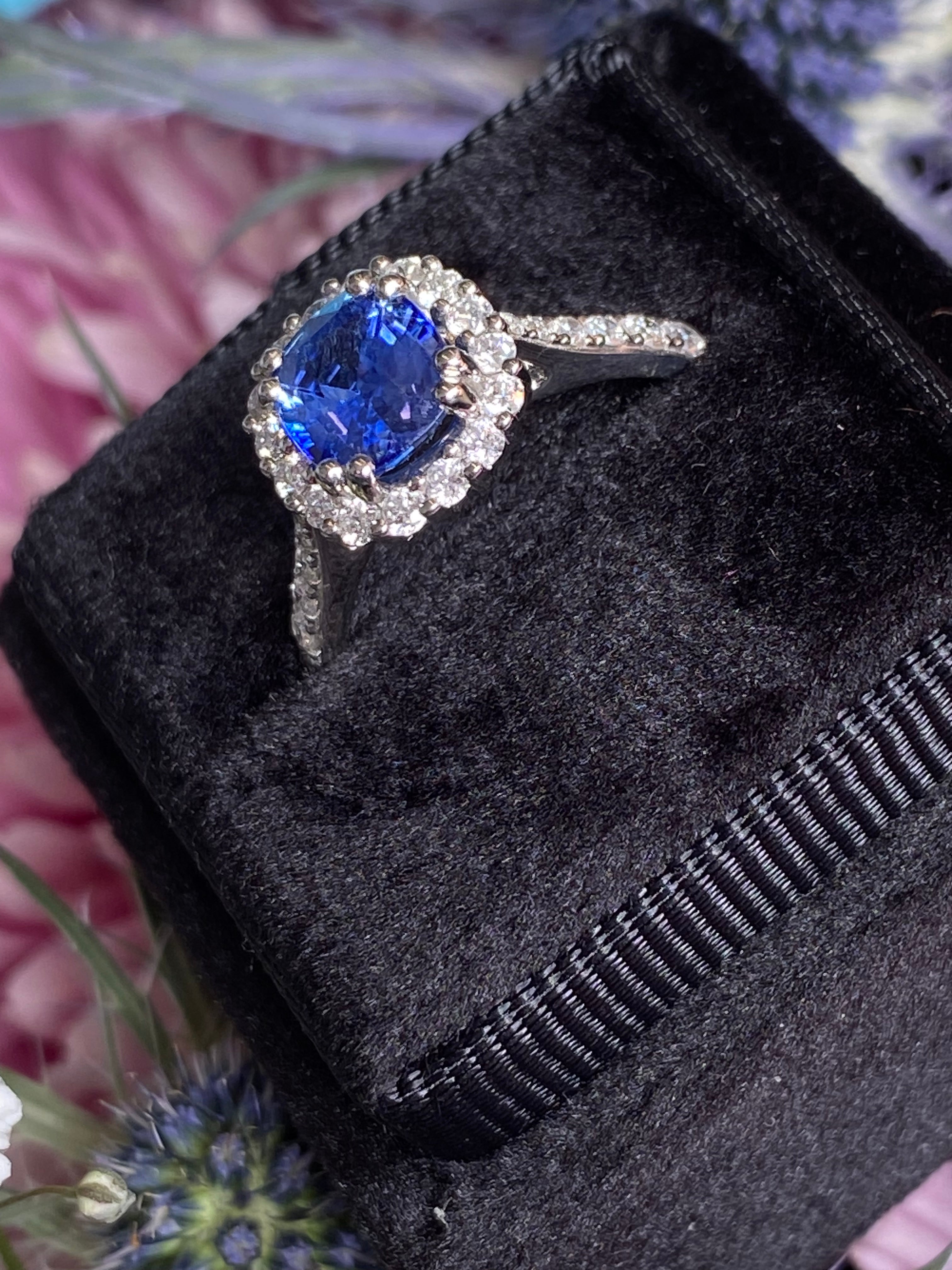 2.17 CTW Blue Ceylon Sapphire and Natural Diamond Three Stone Engagement Ring in Platinum