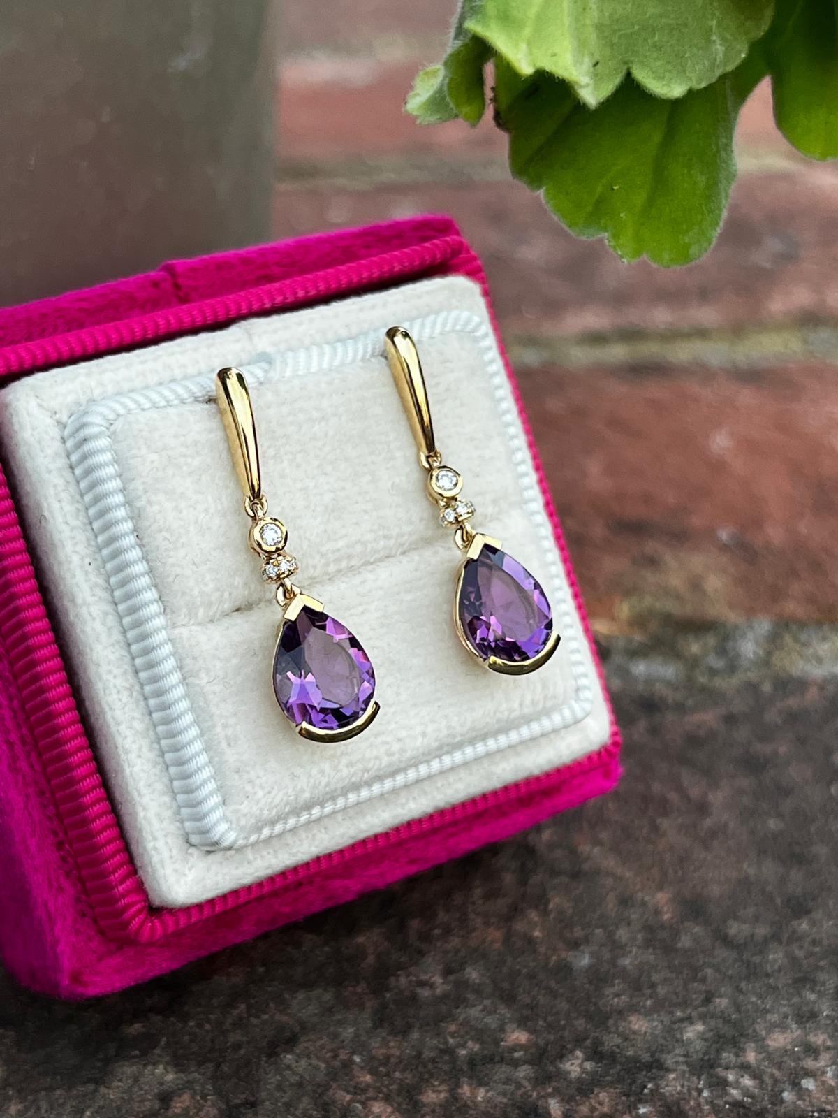 2.99 CTW Amethyst and Diamond Drop Earrings in 18ct Yellow Gold