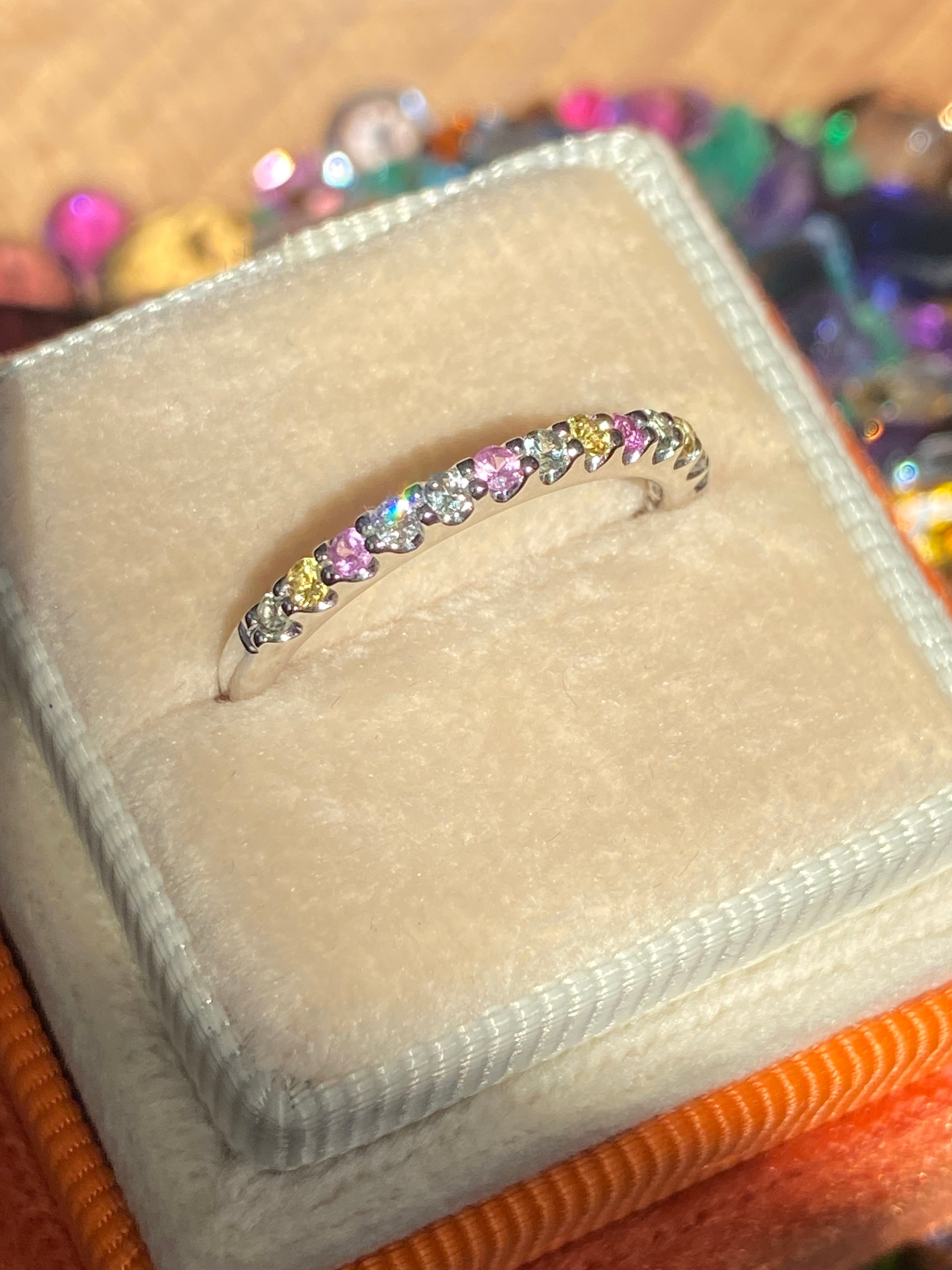 0.37 CTW Sweetshop Yellow, Pink, and Green Sapphire, and Natural Diamond Eternity Ring in 18ct White Gold
