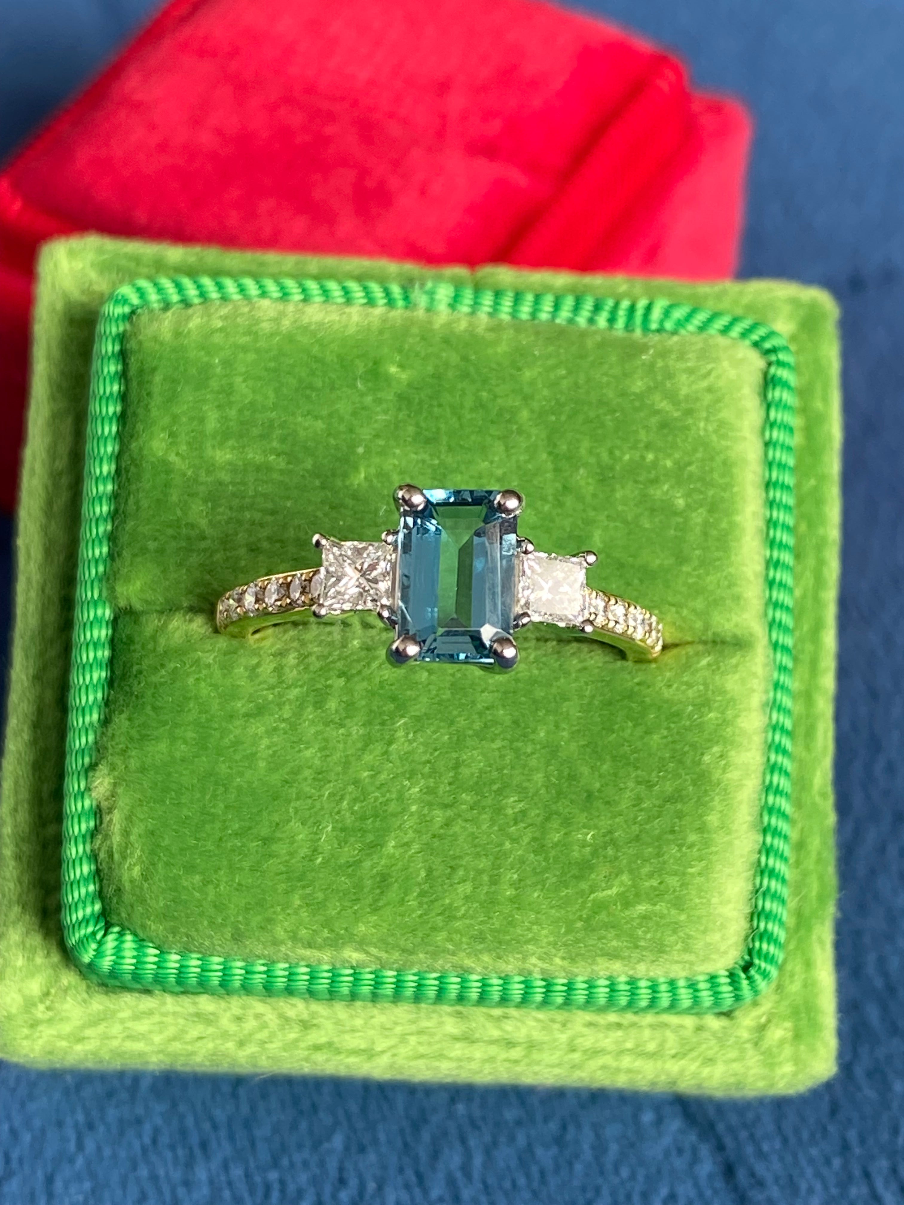 1.18 CTW Aquamarine and Natural Diamond Three Stone Ring in Platinum and 18ct Yellow Gold