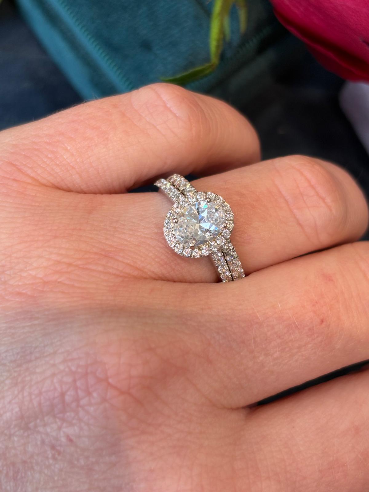 Oval Cut Moissanite Halo Engagement and Wedding / Eternity Ring Set in Sterling Silver