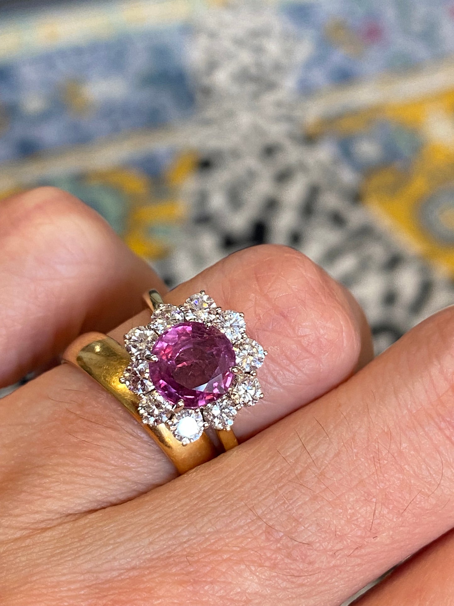 2.93 CTW Round-Cut Ruby and Natural Diamond Halo Ring in 18ct White and Yellow Gold