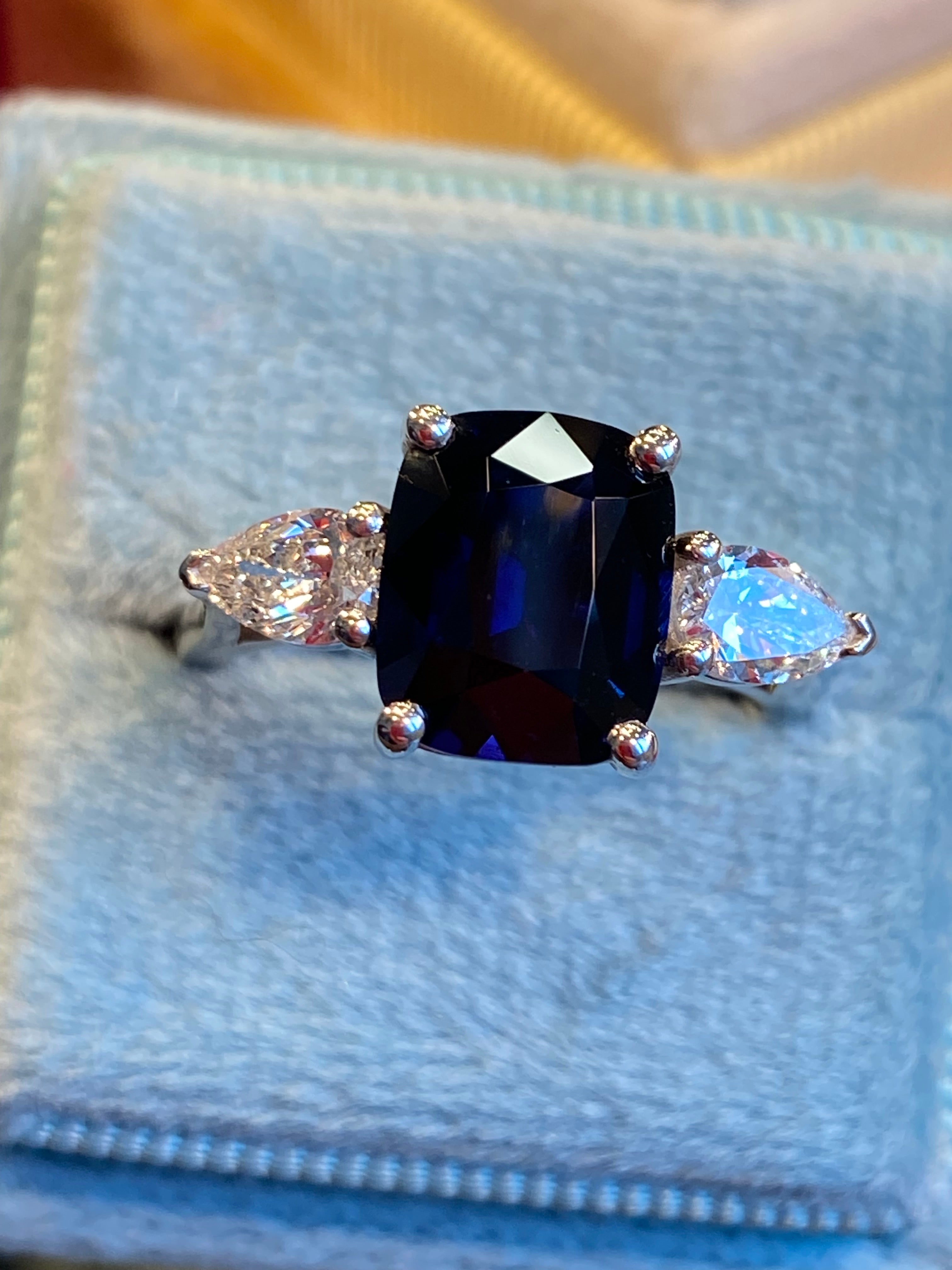 4.04 CTW Deep Blue Ceylon Sapphire and Natural Diamond Three Stone Engagement Ring in Platinum