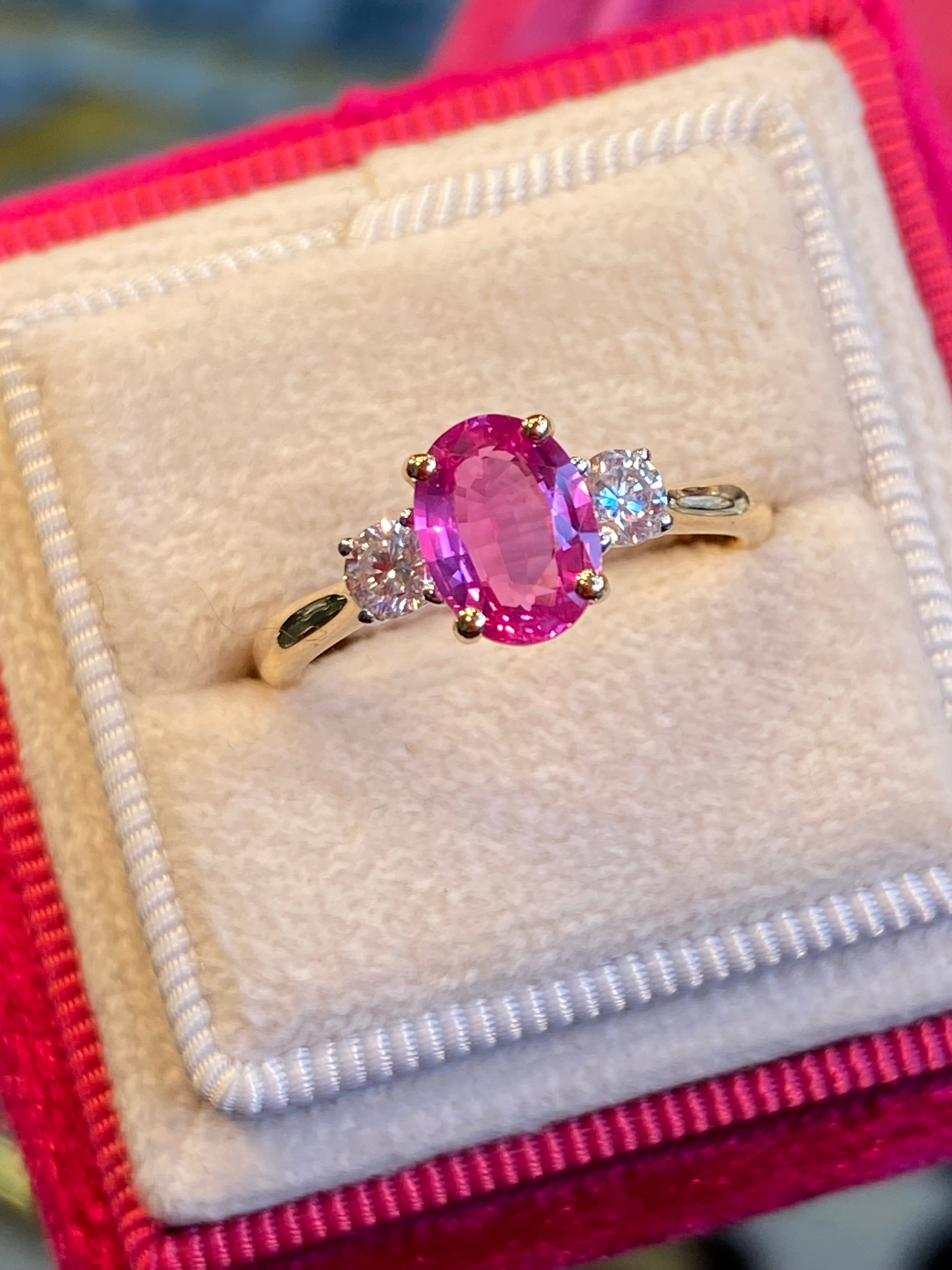 1.23 Carat No Heat Ceylon Pink Sapphire and Natural Diamond Three Stone Engagement Ring in Platinum and 18ct Yellow Gold