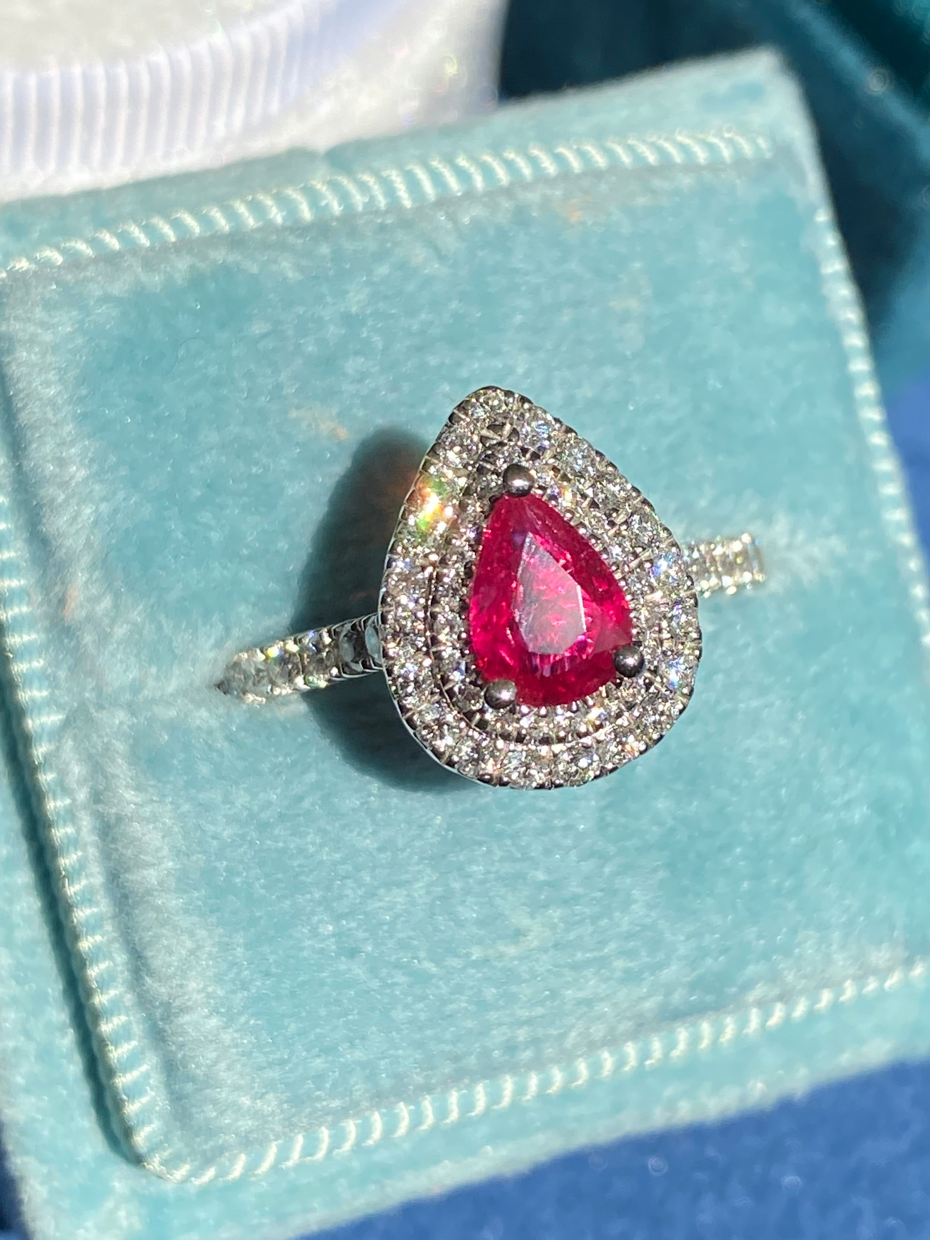 1.16 CTW Pear Cut Ruby and Natural Diamond Ring in Platinum