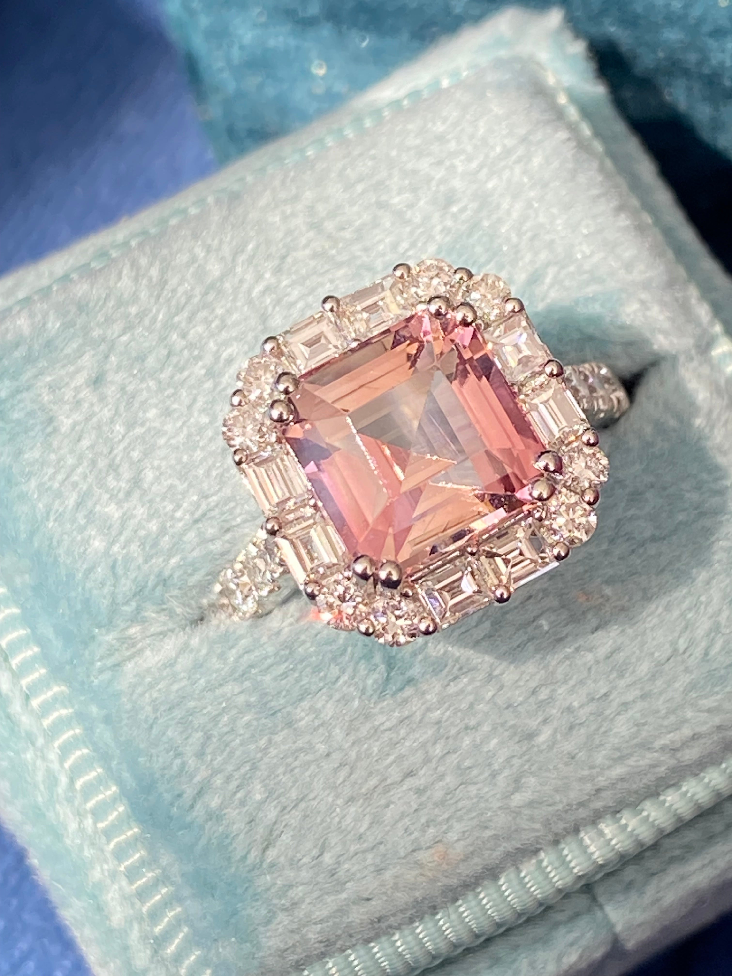 4.71 CTW Emerald Cut Pink Tourmaline and Natural Diamond Halo Ring in Platinum