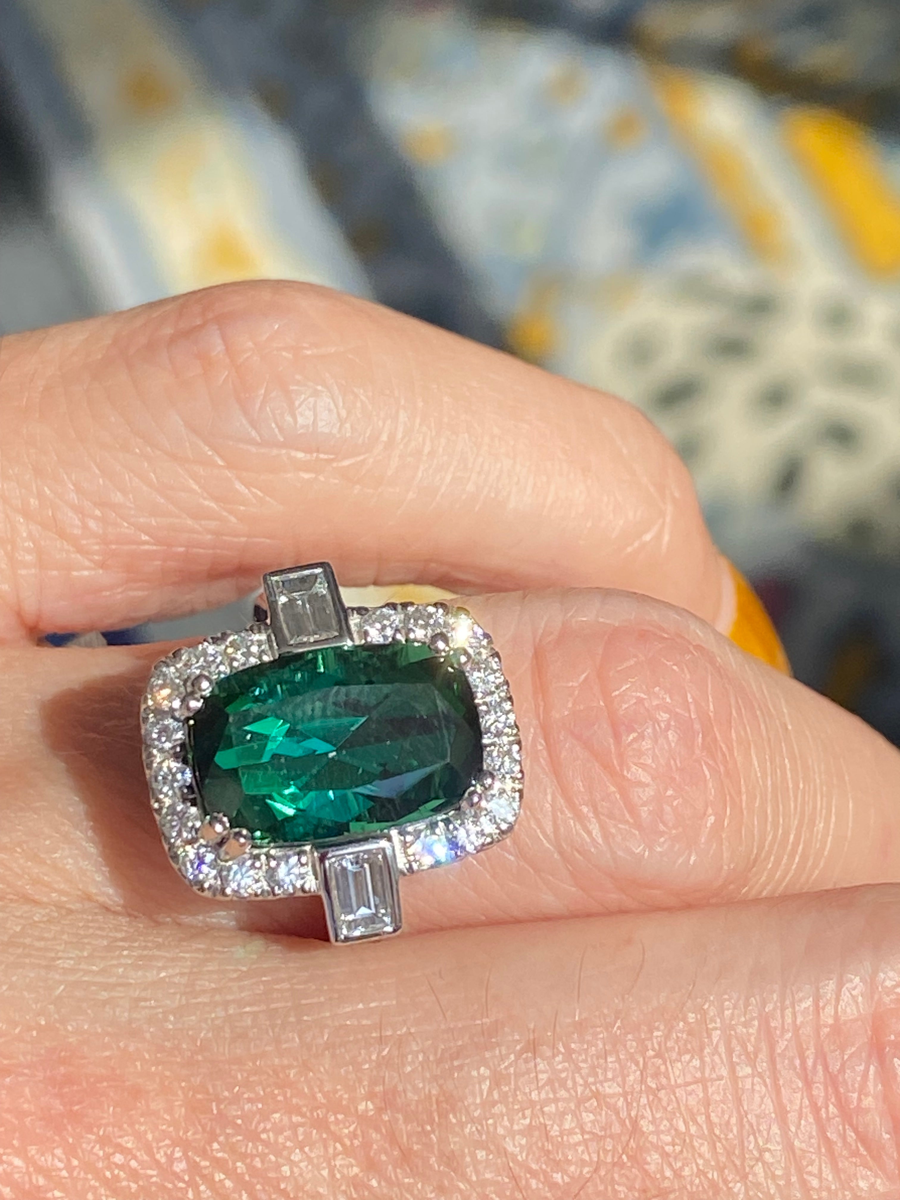 6.35 CTW Cut Teal Tourmaline and Natural Diamond Ring in Platinum