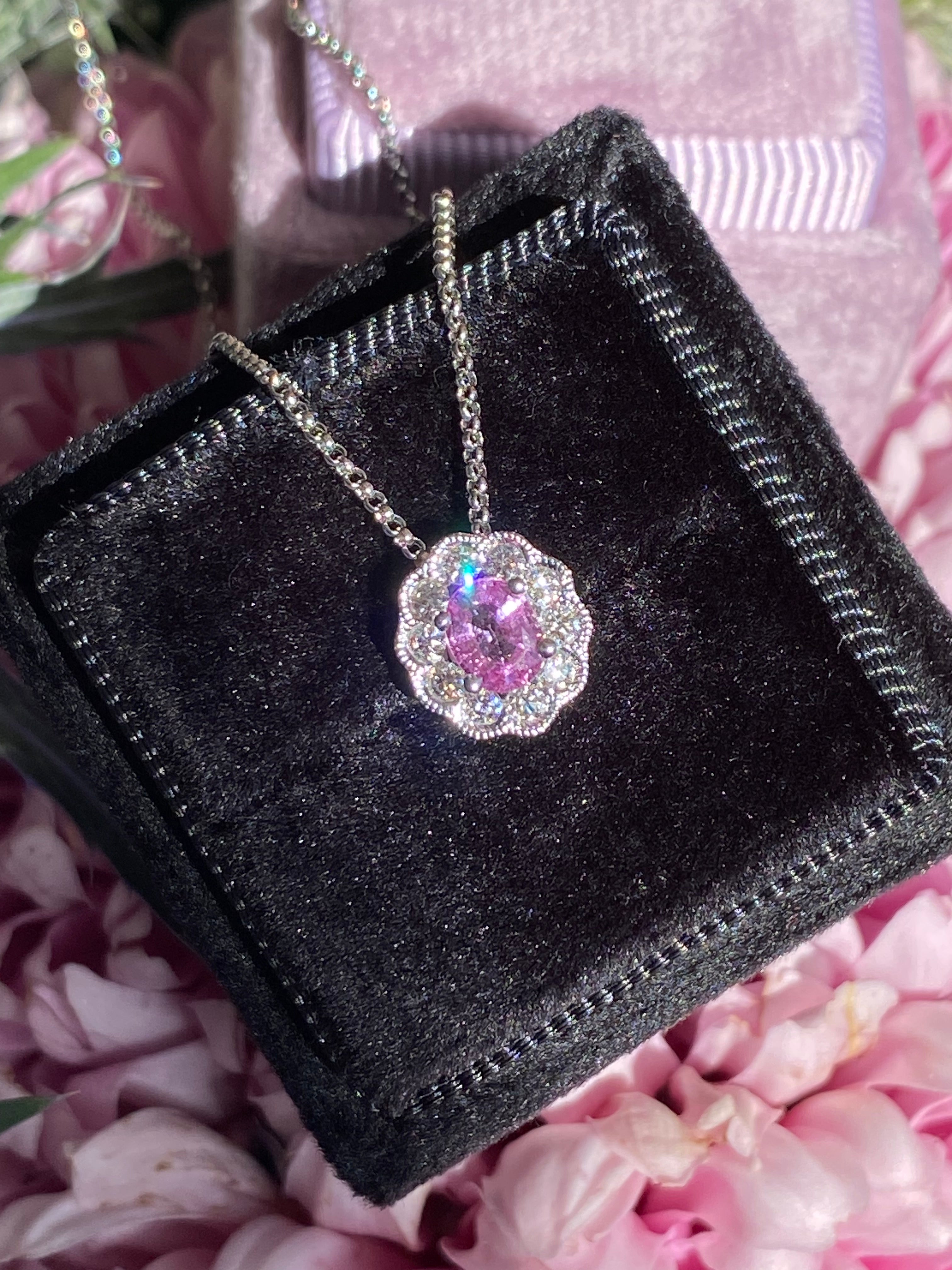 0.70 CTW Pink Sapphire and Natural Diamond Pendant Necklace in 18ct White Gold